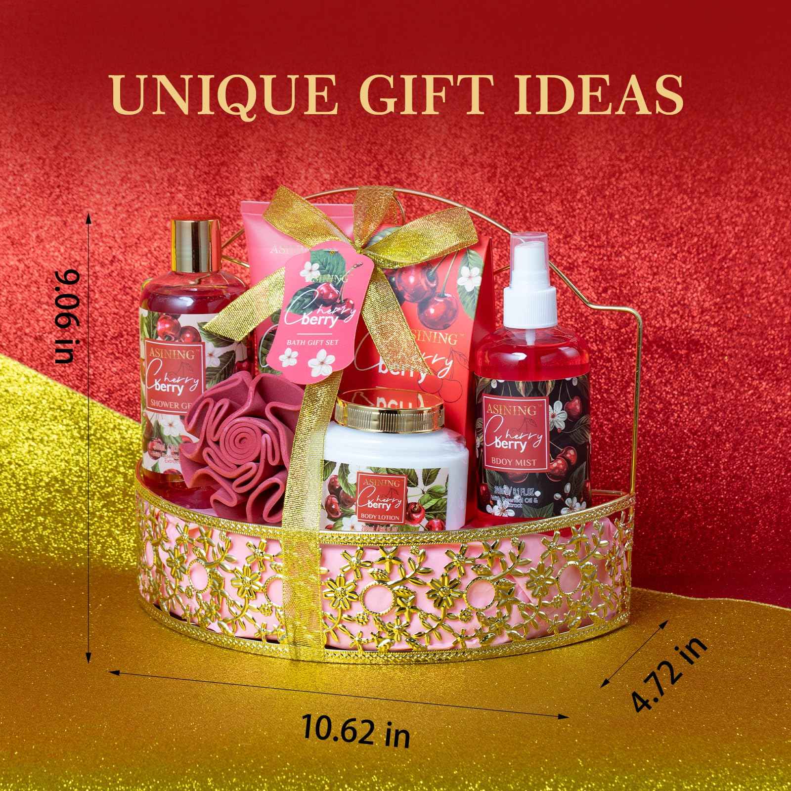 Bath & Body Basket Set, Cherry Fruit Scent Spa Gift Basket with Shower Gel, Lotions for Women Gift Set, Spa Kits for Christmas Valentine's Birthday Gift All Occasion Holiday Gift Idea Luxury Bath Set