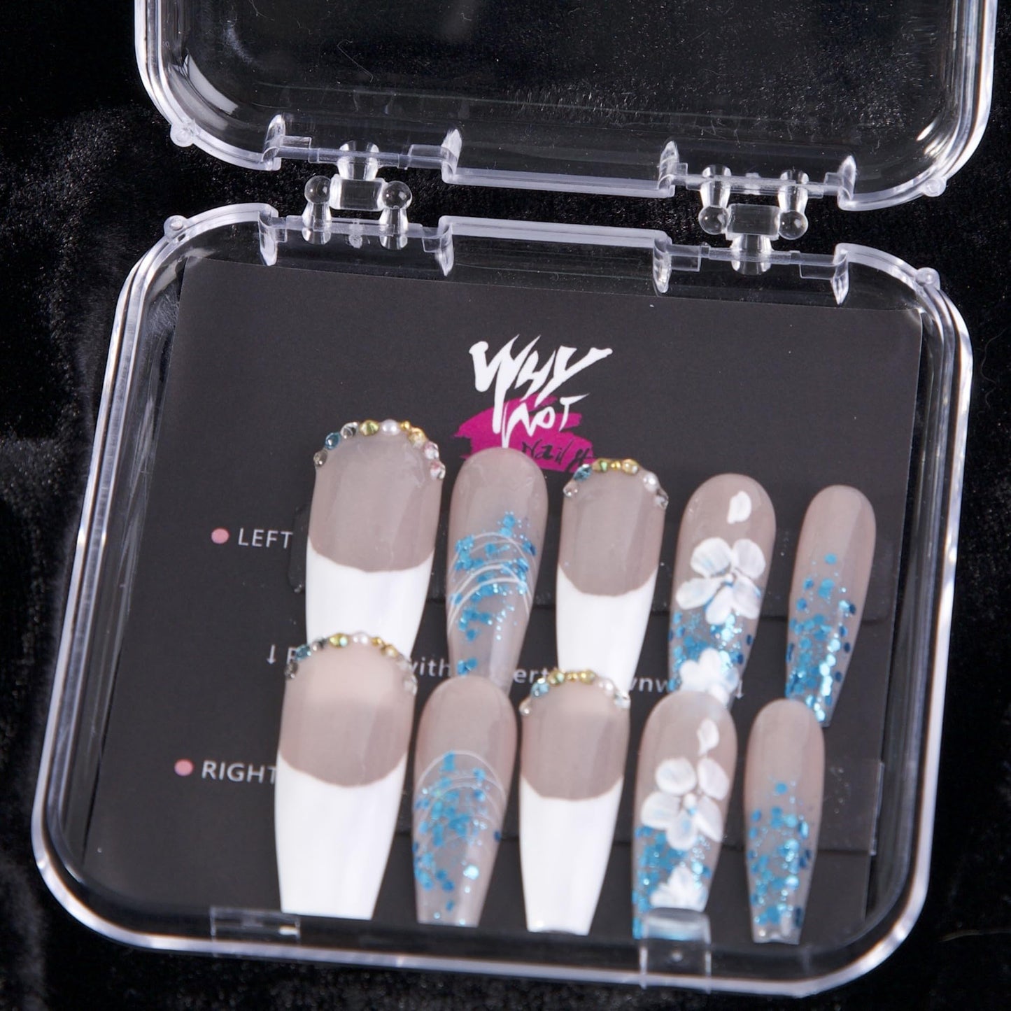 WhyNotNailIt Handmade Oval False Nails - 10 pc Set with Jelly Gel, Ocean Whispers Collection, Delicate Waves & Crystal Accents