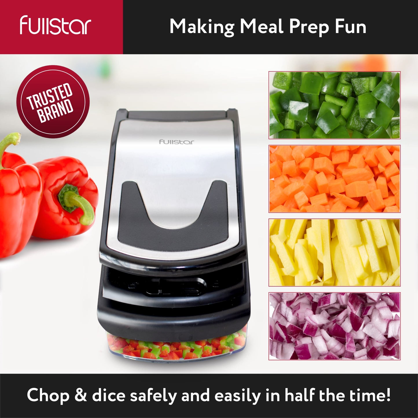 Fullstar Vegetable Chopper, Cheese Slicer, Food Chopper, Veggie Chopper, Onion Chopper, Vegetable Chopper with Container, Mandoline Slicer & Cheese Grater (11 in 1 - Black/Stainless Steel)