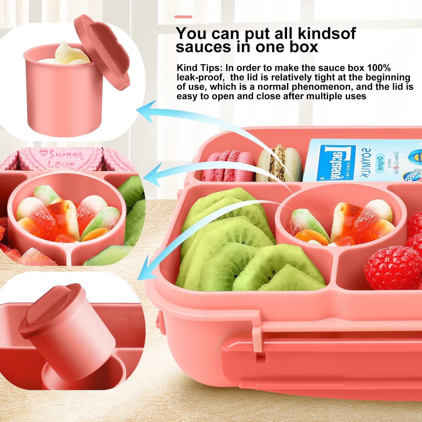 Demiue Lunch Box Kids,Bento Box Adult Lunch Box,Lunch Containers for Adults/Kids/Toddler,5 Compartments Bento Lunch Box with Sauce Vontainers,Microwave & Dishwasher & Freezer Safe(Pink)