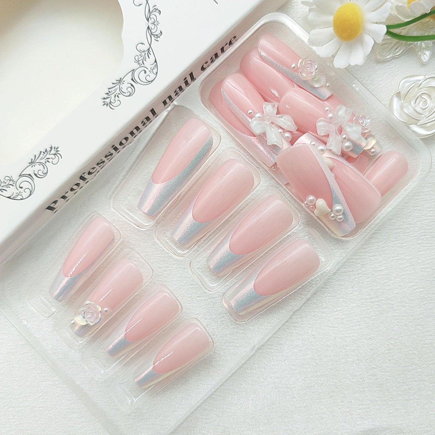 White French Tip Press on Nails Long Coffin, Bow & Pearls Fake Nails Light Pink Full Cover Acrylic Nails Heart & Camelia Glue on Nails Luxury Glossy Stick on Nails for Women 24Pcs