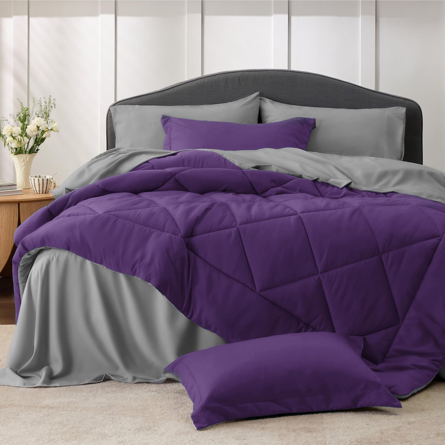 Bedsure Purple Twin Comforter Sets - 5 Pieces Reversible Twin Bedding Sets for College, Purple Extra Long Bed Set Twin with Comforters, Sheets, Pillowcase & Sham