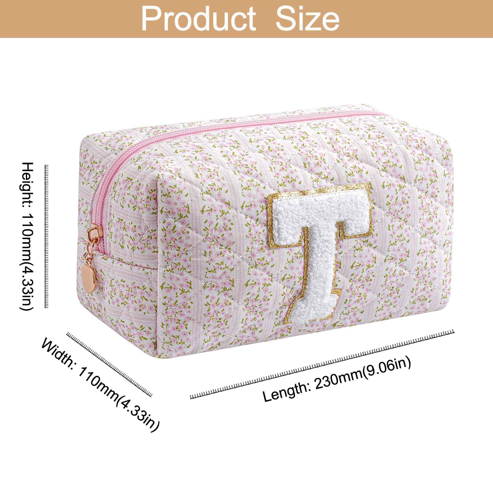 HHQQWZ Small Makeup Bag, Travel Cosmetic Bags for Women, Christmas Gifts for Girls Age 6-18, Pink Floral Zipper Makeup Pouch, Alphabet Make up Organizer Case, Travel Essentials Trendy Stuff (Pink T)