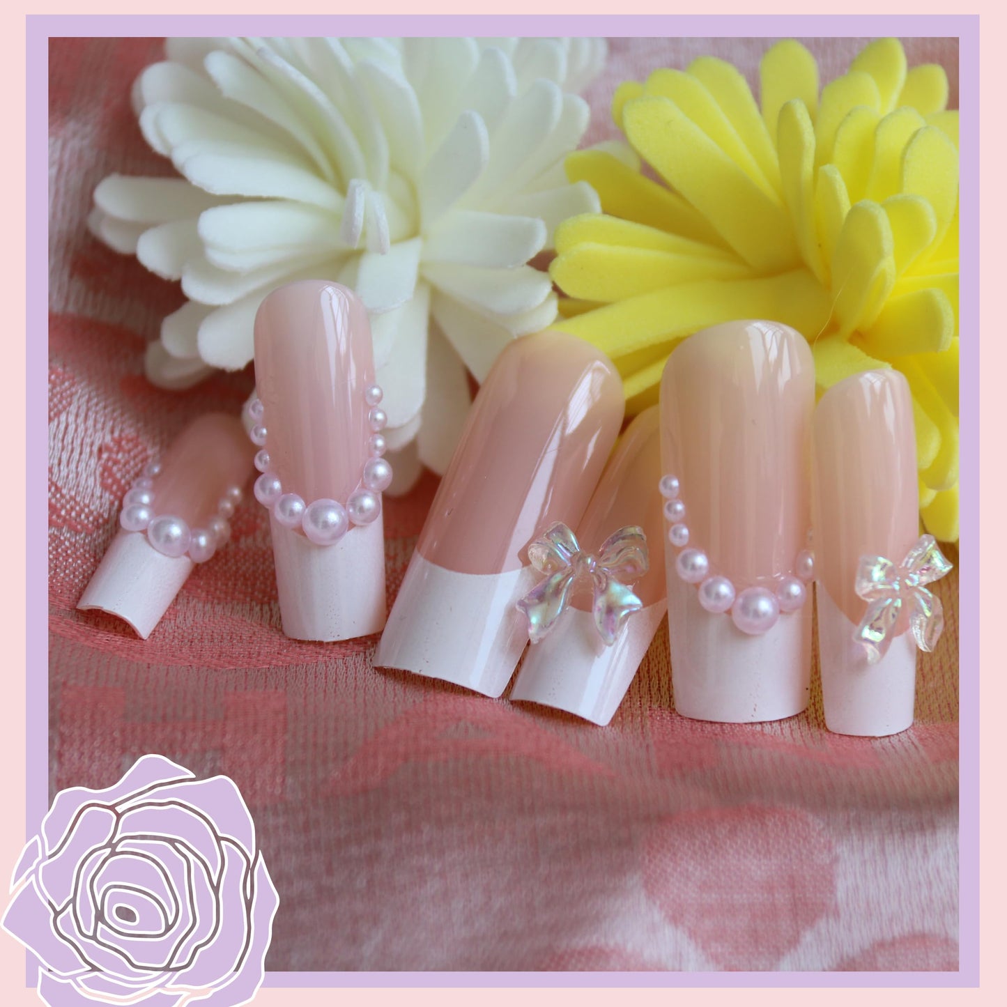 Press on Nails Kit French Tip Nails Press Ones Long Charms Gems Pearl Pink Fake Nails Artificial Coffin Gel Like Glossy 3D Bowknot False Nail Manicure for Women and Girls-24pcs