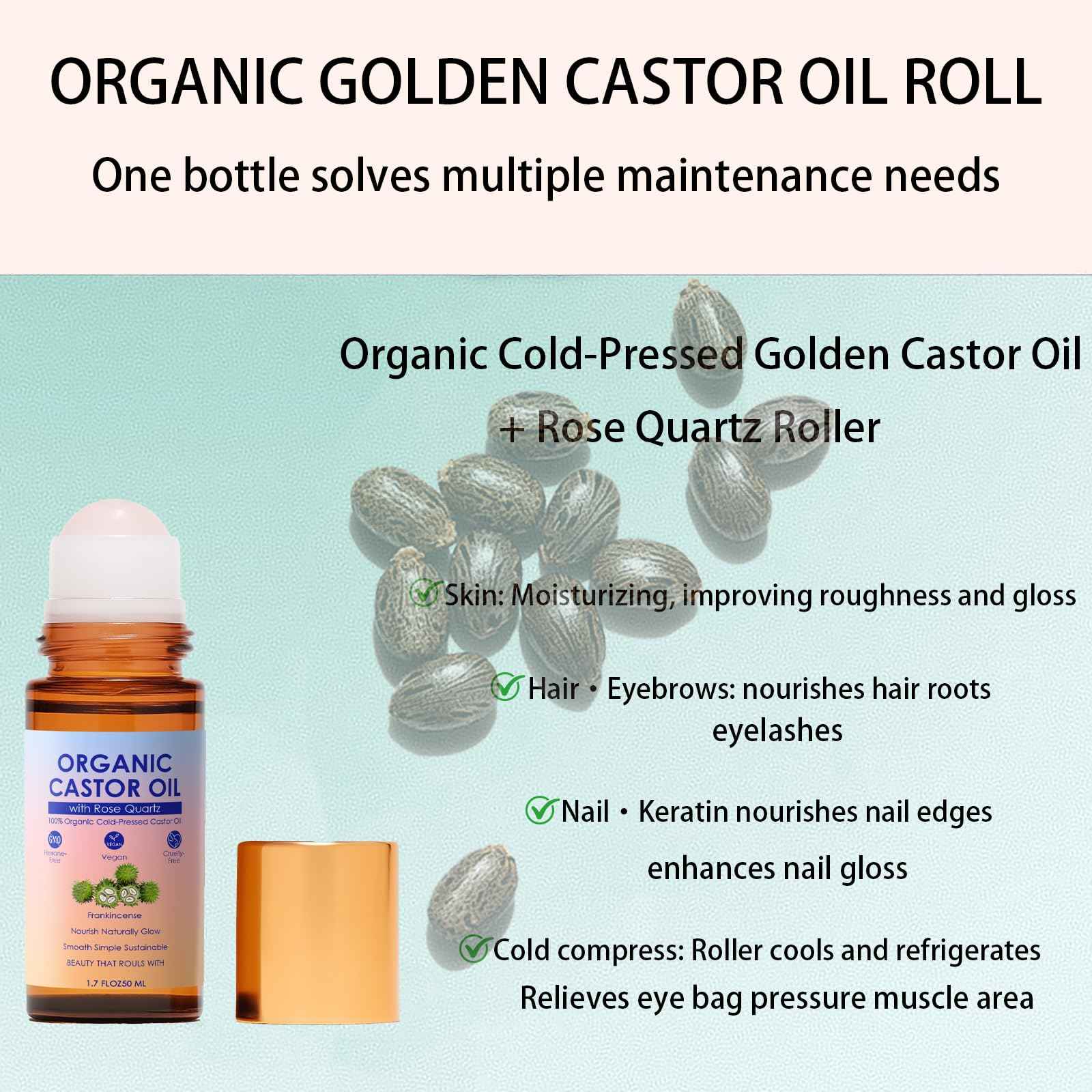 SDXJIOGE Organic Castor Oil with Rose Quartz Roller, 100% Pure Cold-Pressed, Organic Castor Oil Roll On Rose Quartz, Hexane-Free,Amber Glass Bottle for Skin 1.7oz (1)