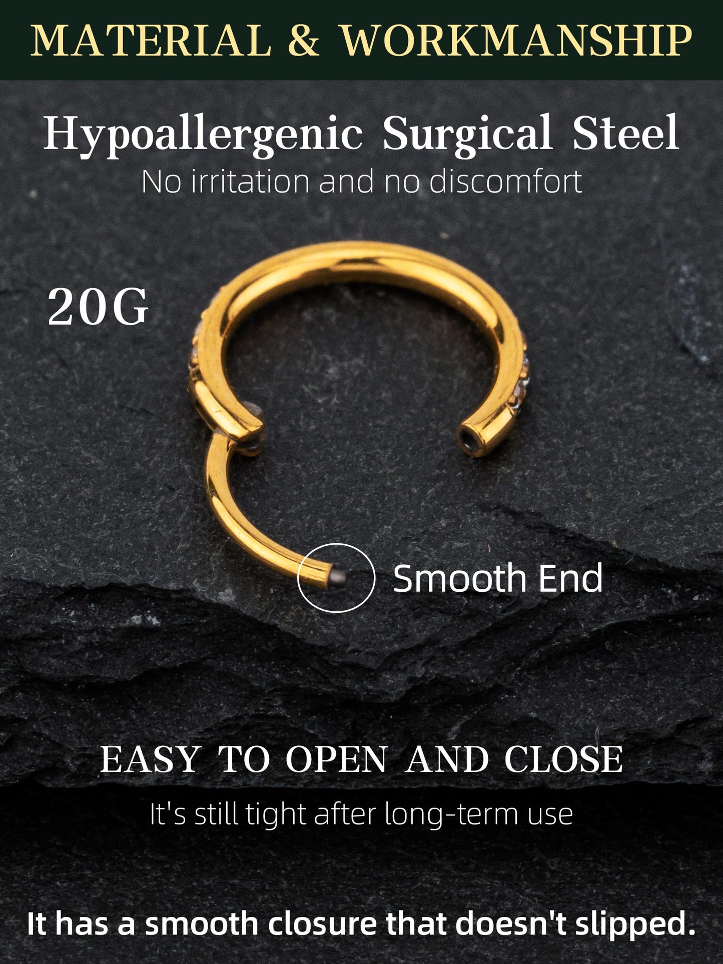 HANCAO Hypoallergenic 14K Gold Plated Nose Rings Hoops - 20G Surgical Steel Cartilage Earrings Septum Jewelry Hinged Segment Ring CZ Paved Lip Rook Helix Lobe Body Piercing 8MM