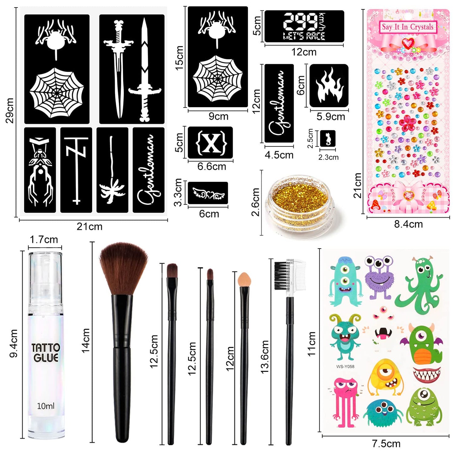 Temporary Glitter Tattoo,30 Glitter Colors, 5 unique stencils, 1 Body Glue, 5 Brushes, stickers and Rhinestones, Adults & Kids Arts Glitter Make Up Kit, Gift for Halloween Christmas Birthday Party