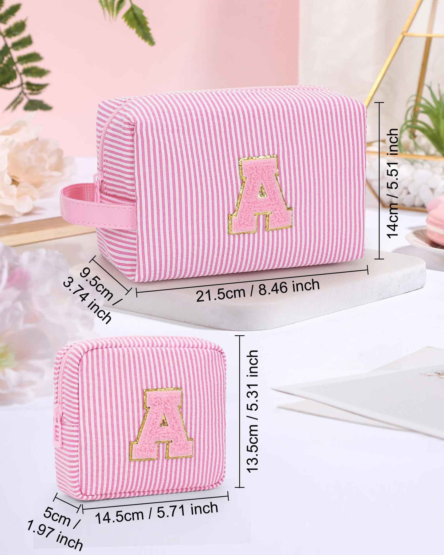 MONSTINA Initial Makeup Bag Set for Girls&Women,Personalized Make Up Case for Girlfriend Graduation Teacher Gifts,Cute Toiletry Bag Preppy Chenille Letter Patch,Pink A