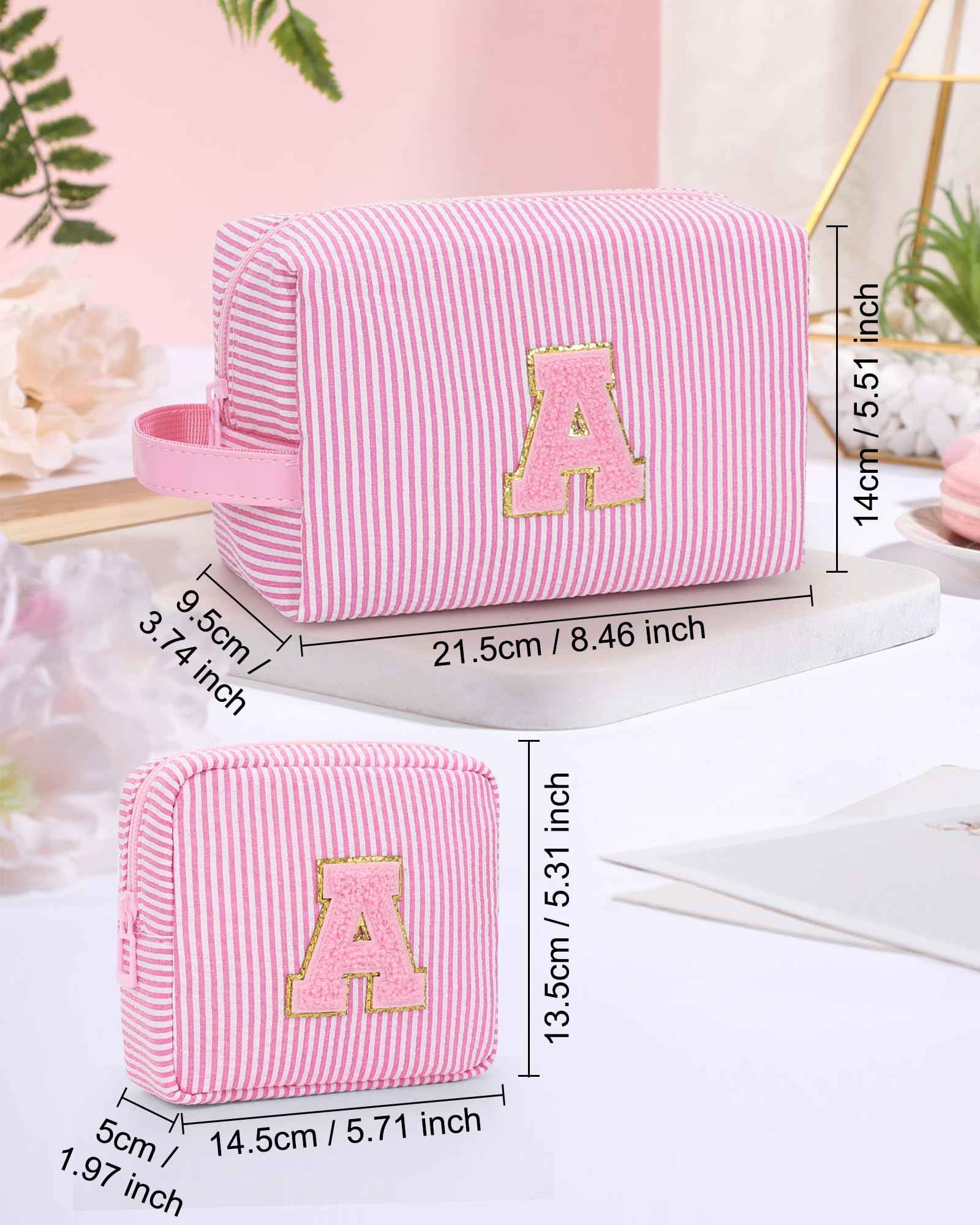 MONSTINA Initial Makeup Bag Set for Girls&Women,Personalized Make Up Case for Girlfriend Graduation Teacher Gifts,Cute Toiletry Bag Preppy Chenille Letter Patch,Pink A