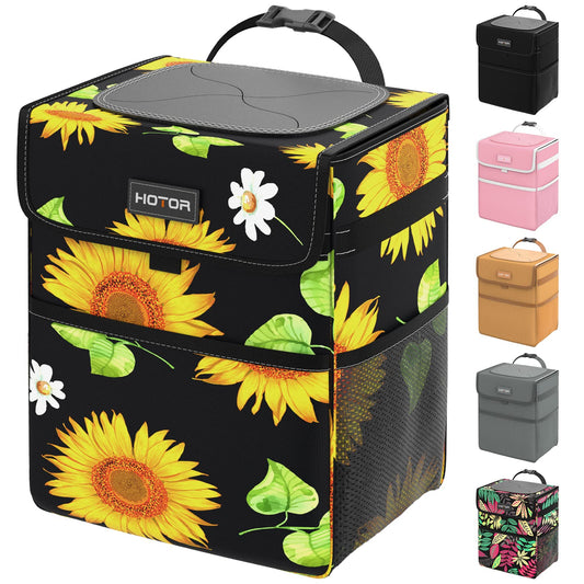 HOTOR Car Trash Can - Leakproof, Collapsible, 2 Gallon Capacity, Polyester Material, Sunflower Color, Fits Sedans, SUVs, Trucks