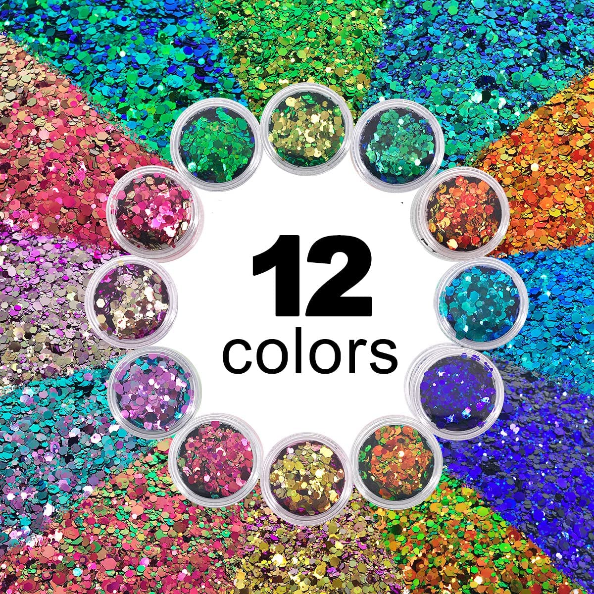 12 Pack - Mermaid Color Shift Chunky Face Glitter, Hair Glitter, Eye Glitter & Body Glitter for Women & Men. Rave Glitter, Festival Accessories & Cosmetic Glitter Makeup. Loose Glitter Pots, Glue