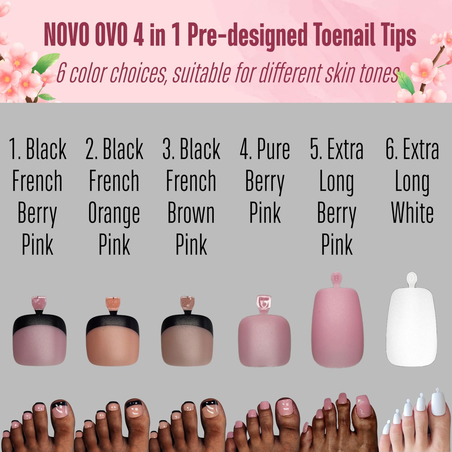 NOVO OVO Fake Toe Nail Tips Press on, Black French Tip Soft Gel Toenail Extension, BROWN PINK Square Round Pre-applied Tip Primer & Base Coat, Full Cover Matte False Nails for DIY x 15 Sizes 360Pcs