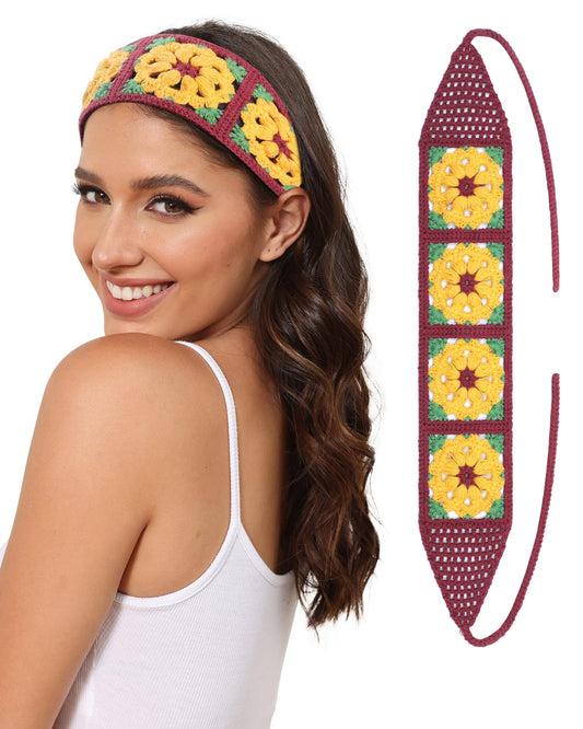 AWAYTR Crochet Headbands for Women Hippie Headband Bandana Tie-Back Knit Headband for Girls Wide Head Bands Floral Crochet Headwrap (Yellow + Brown)