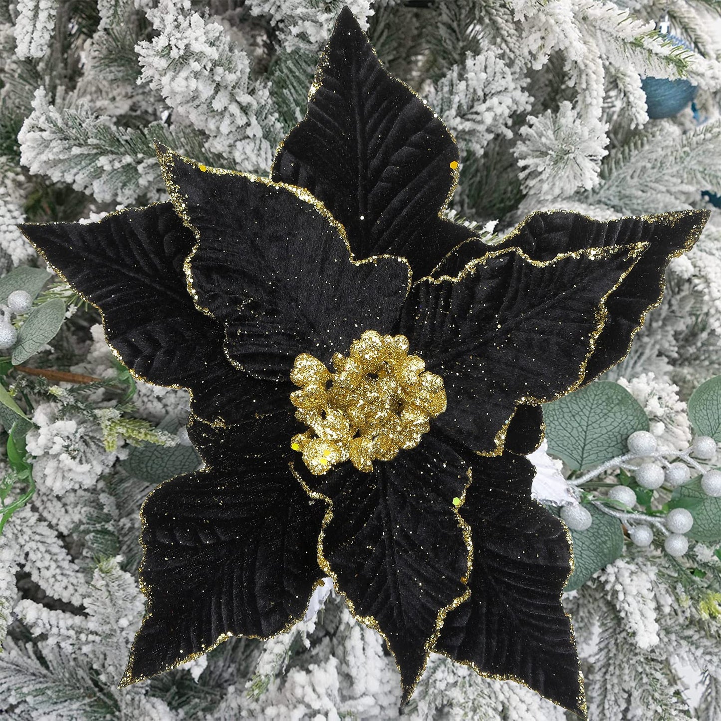 SHACOS 10 pcs 9.8" Large Glitter Poinsettia Flowers Stems Clips Velvet Fabric Floral Picks Christmas Flowers Christmas Tree Ornaments Wreath Garland Decoration, Black