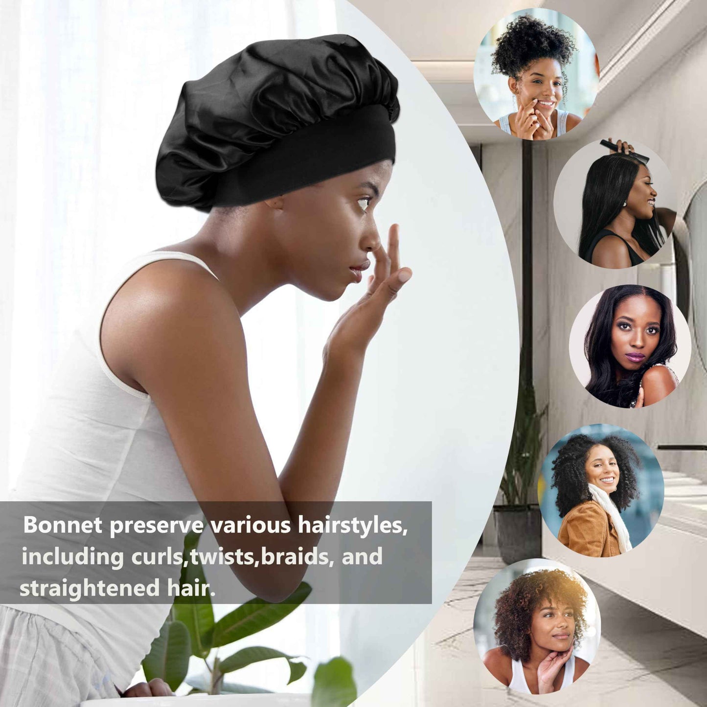 12 Pieces Satin Bonnet Hat For Women Sleeping Shower Caps Curly Hair Silky Bonnet Hair Wrap (Black)