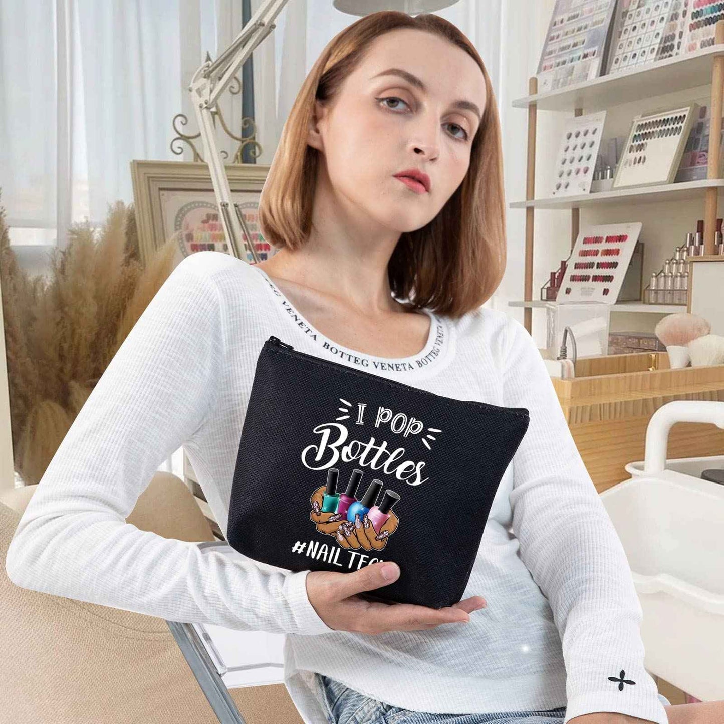 LEVLO Nail Technician Cosmetic Bag Manicurist Nail Tech Gift I Pop Bottles Nail Tech Make up Zipper Pouch Bag Nail Artist Gift (I Pop Bottles Black)