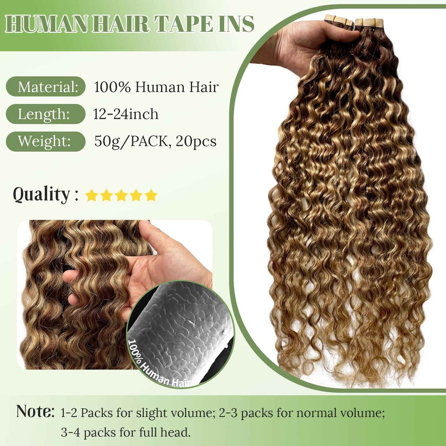 Water Wave Tape in Hair Extensions Human Hair, Balayage Chocolate Brown to Caramel Blonde Curly Tape in Hair Extensions Skin Weft Seamless Invisible Glue in Hair Extension 14 Inch 20pcs 50 Grams