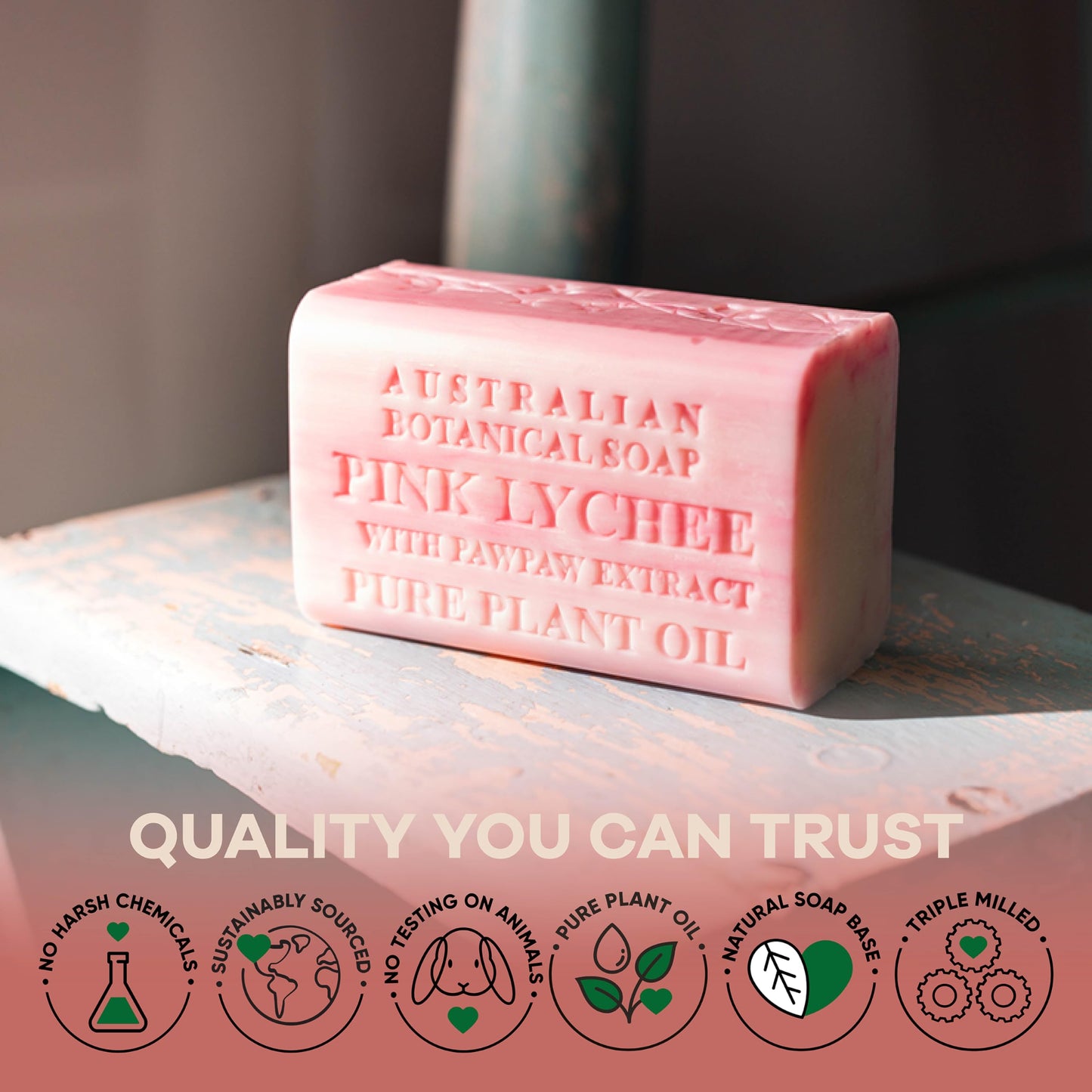 Australian Botanical Soap, Pink Lychee with Pawpaw Extract 6.6 oz. (187 g) Soap Bar | Natural Soap Base | All Skin Types | Women & Men | Shea Butter Enriched Bar Soap - Pack of 1