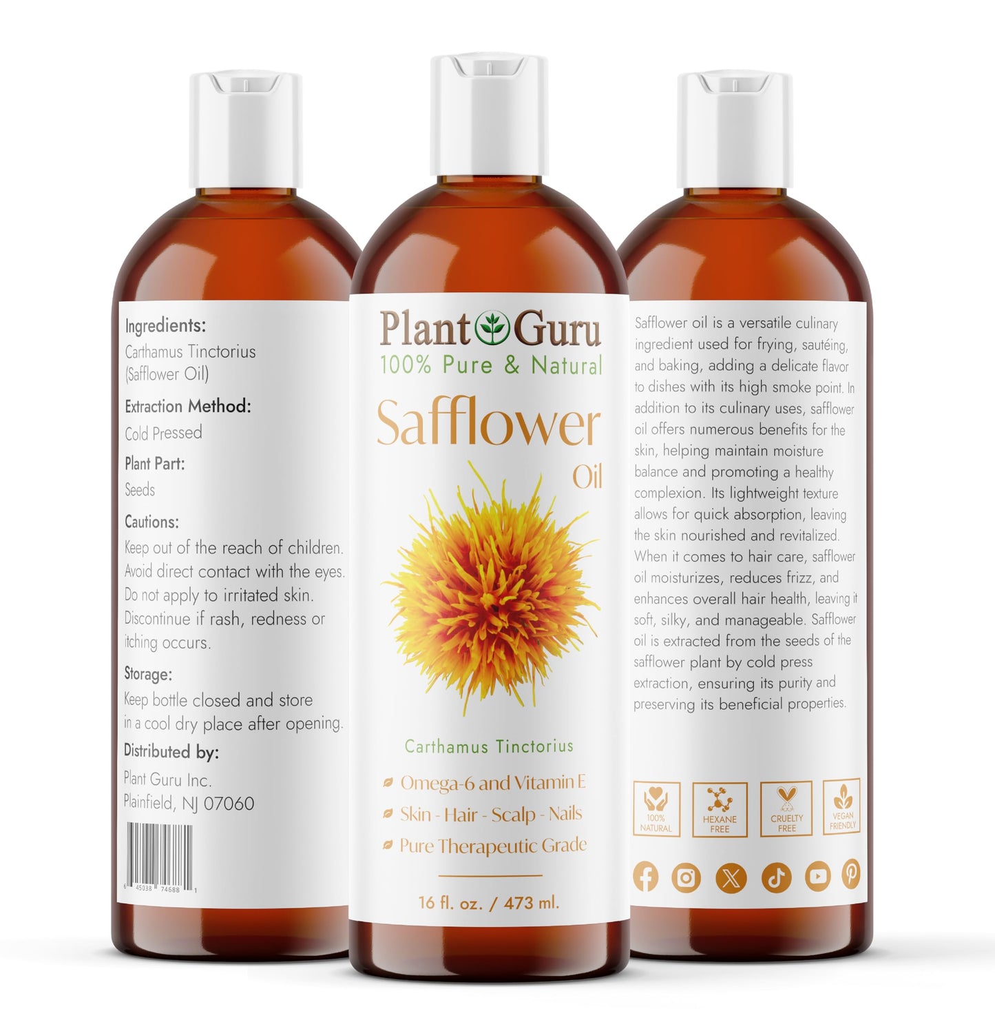 Safflower Oil 16 oz Cold Pressed 100% Pure Natural Carrier - Skin, Body and Face. Great for Moisturizing Creams, Lotions, Scalp Treatments, and Lip Balms