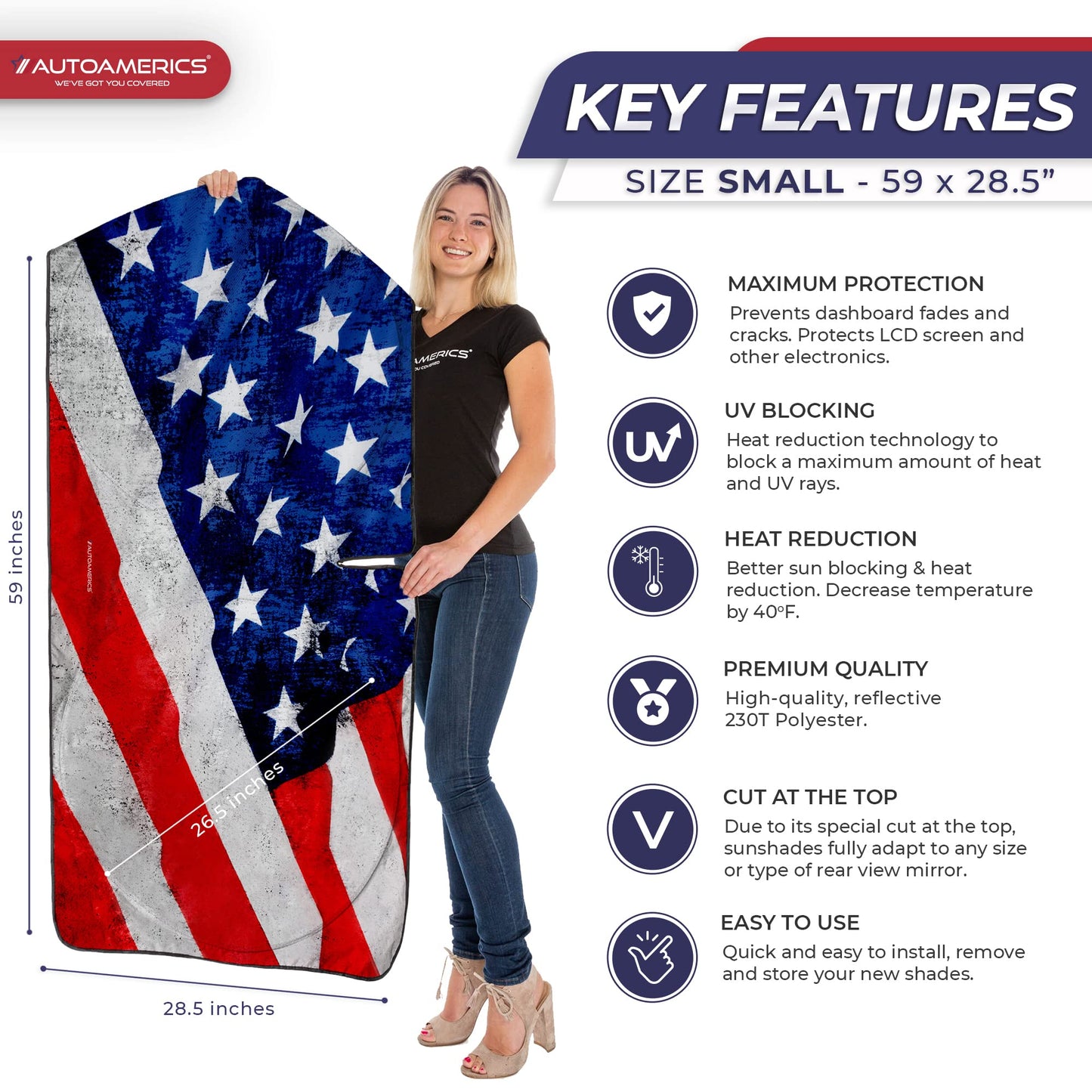 Autoamerics 1-Piece Windshield Sun Shade Grunge American Flag - 4 USA Design - Foldable Car Front Window Sunshade for Most Sedans SUV Truck - Blocks Max UV Rays and Keeps Your Vehicle Cool - Small