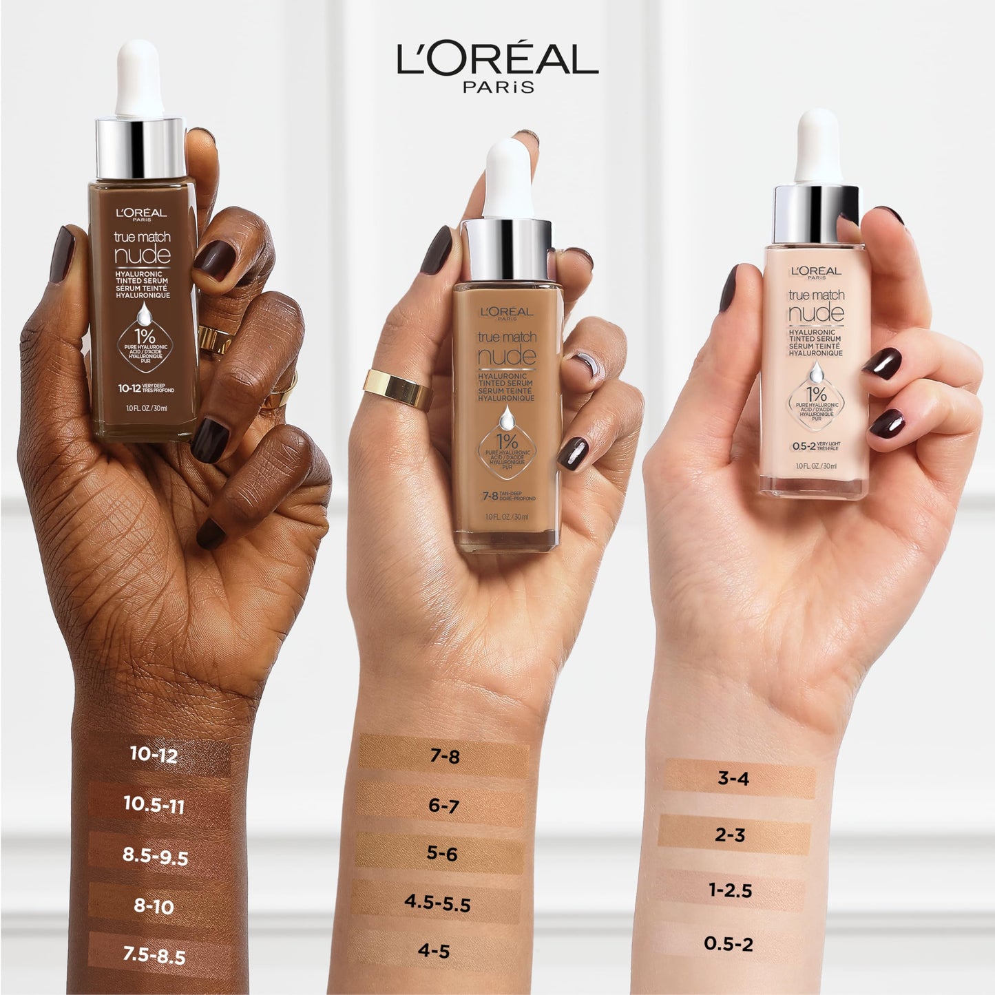 L'Oreal Paris True Match Nude Hyaluronic Tinted Serum Foundation with 1% Hyaluronic acid, Very Light 0.5-2, 1 fl. oz.