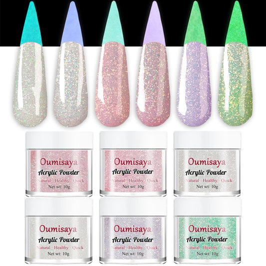 Glow in The Dark Glitter Nail Acrylic Powder 6 Colors Set for Pink White French Nail Art Design