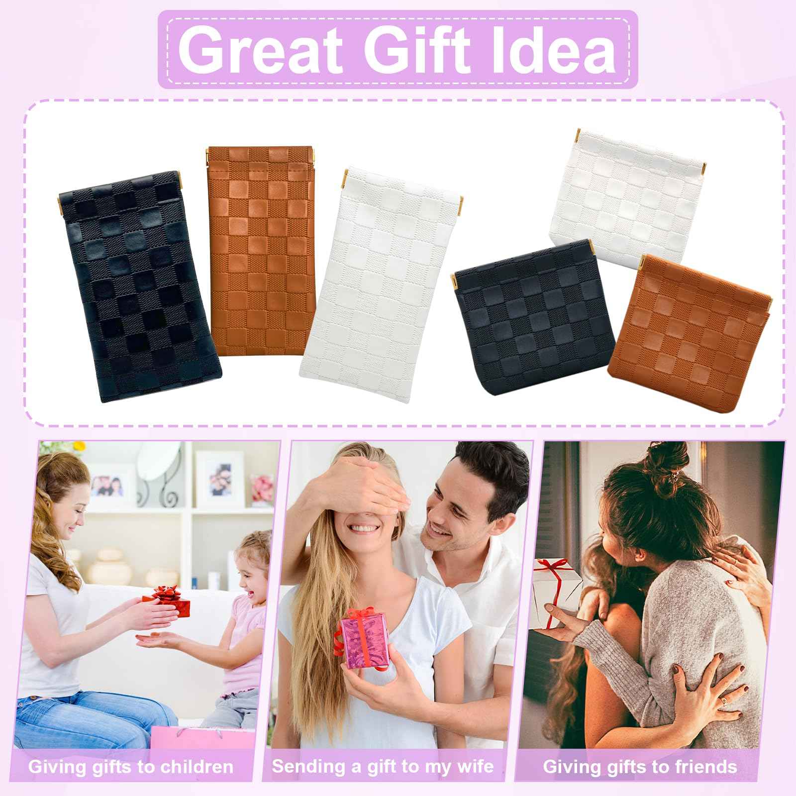 4PCS Small Makeup Bag for Purse, Mini Leather Pocket Cosmetic Bag for Women, Waterproof Portable Makeup Pouch No Zipper Coin Purse Lipstick Bag Accessories, Checkered Travel Storage Bag(Black, Brown)