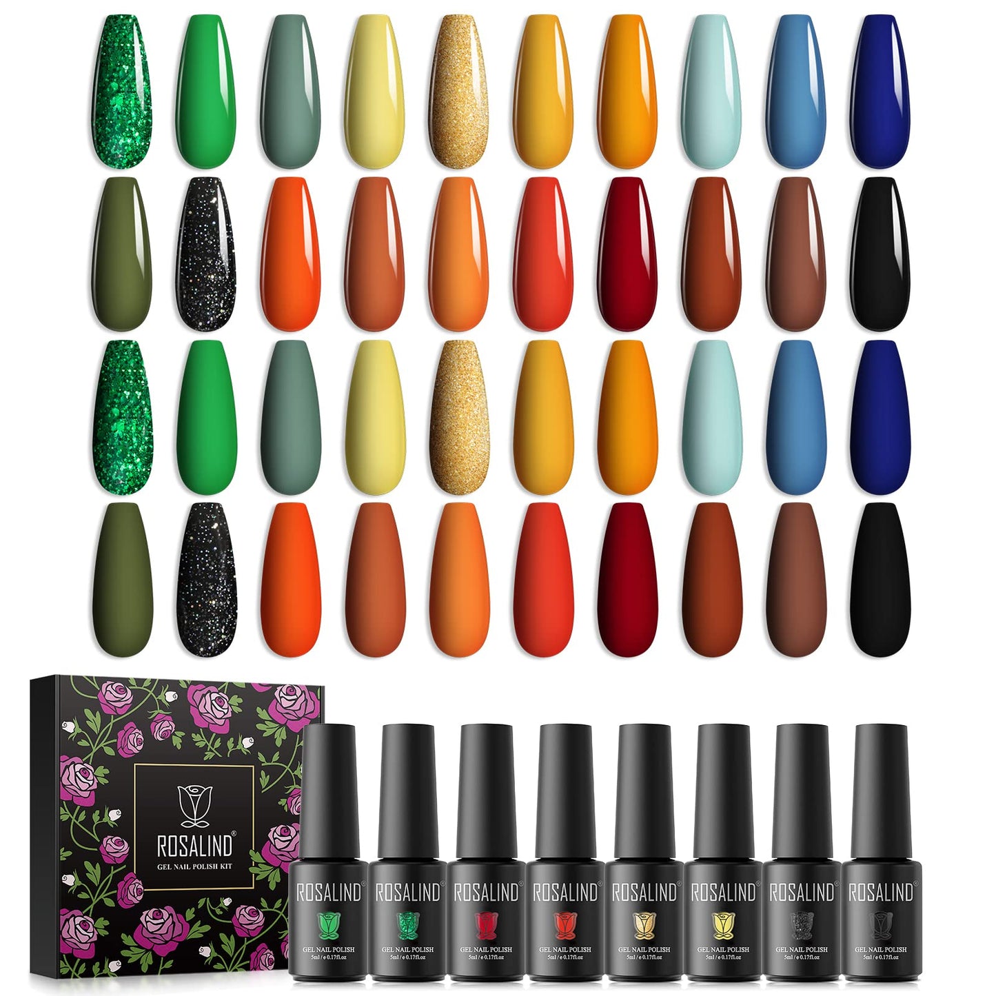 ROSALIND 20PCS Gel Nail Polish Set, Green Yellow Orange Blue Gel Colors Polish, Soak off Colorful Gel Collection Pumpkin Color Home Manicure Kit