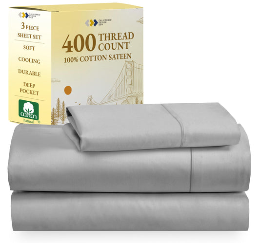 California Design Den Softest 100% Cotton Sheets, Twin Sheets Set, 3 Pc, 400 Thread Count Sateen, Bedding, Dorm Rooms & Adults, Deep Pocket Sheets, Cooling Sheets, Twin Bed Sheets (Light Grey)