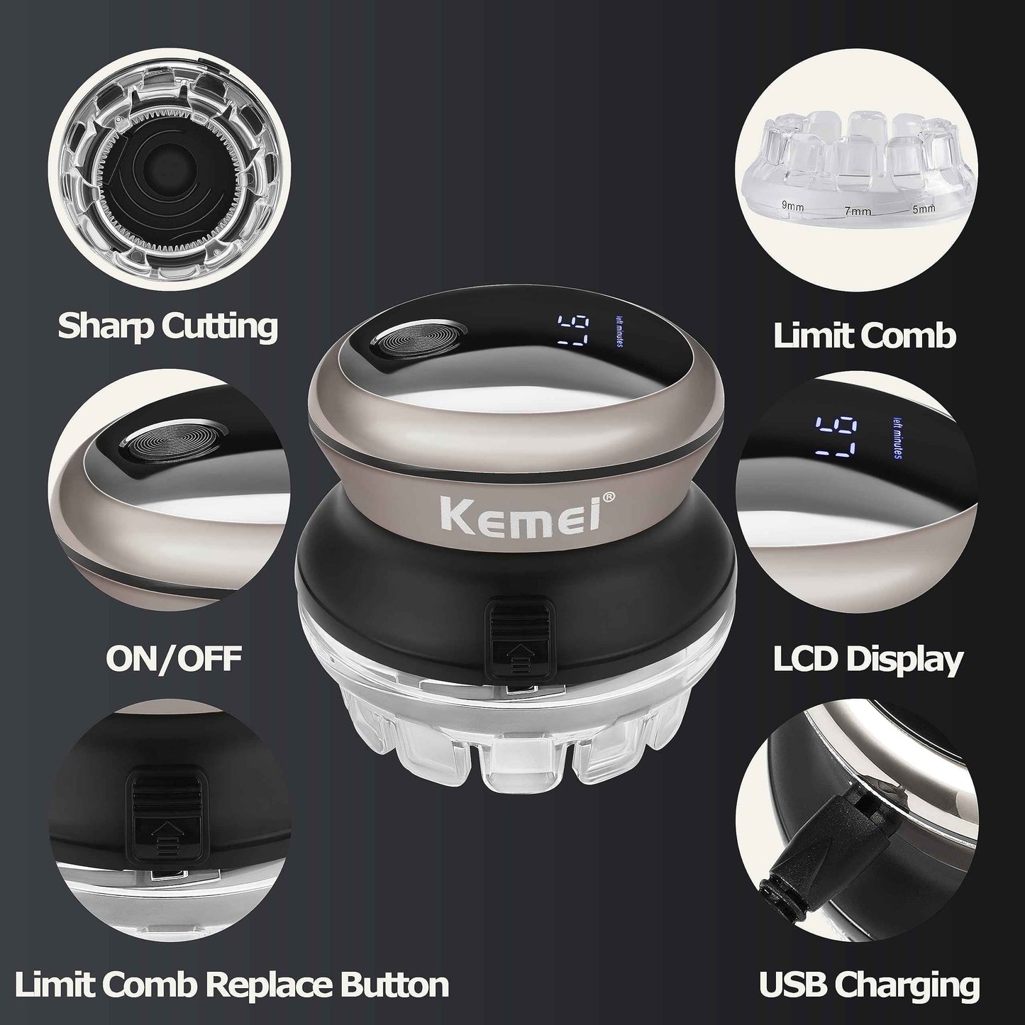 KEMEI Professional Hair Clippers for Men, Automatic Circular Hair Trimmer, Cordless Self-Haircut Kit with LED Display, KM-887 Silvery