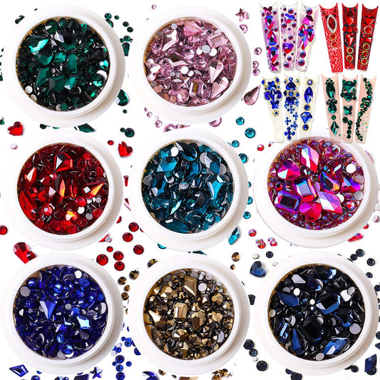 JERCLITY 8 Boxes Green Blue Gold Rose AB Lake Blue Montana Red Pink Nail Rhinestones for Nails Multi Shaped Sized Nail Crystals Gems Stones Rhinestones for Nail DIY Crafts Clothes Shoes Jewelry