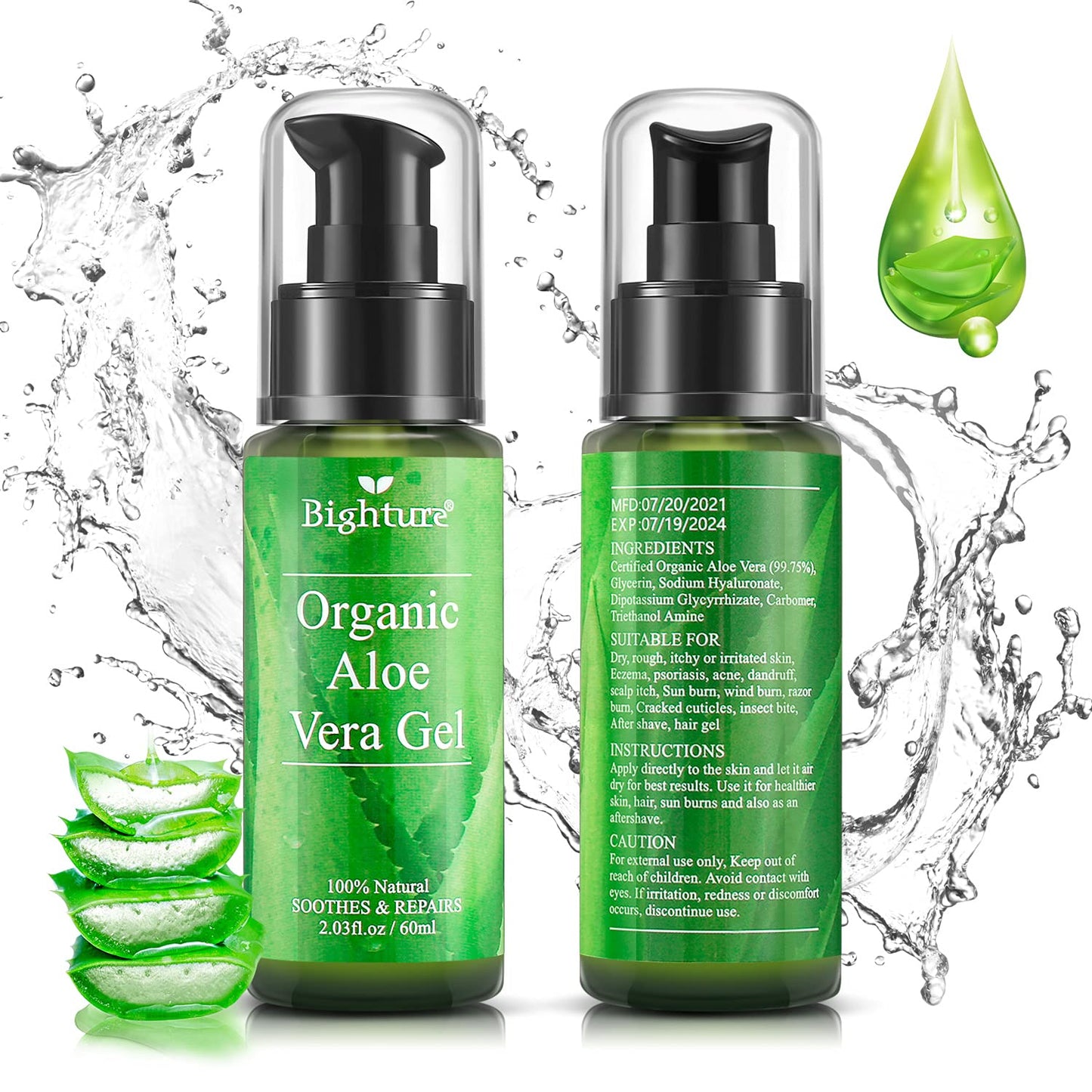 BIGHTURE Organic Aloe Vera Gel, Aloe Vera Gel Extracted from Freshly Cut Pure Aloe Leaves, Skin Care for Deeply & Rapidly Soothing, Firming, After Shave, Sunburn Relieve, etc (Travel Pack)