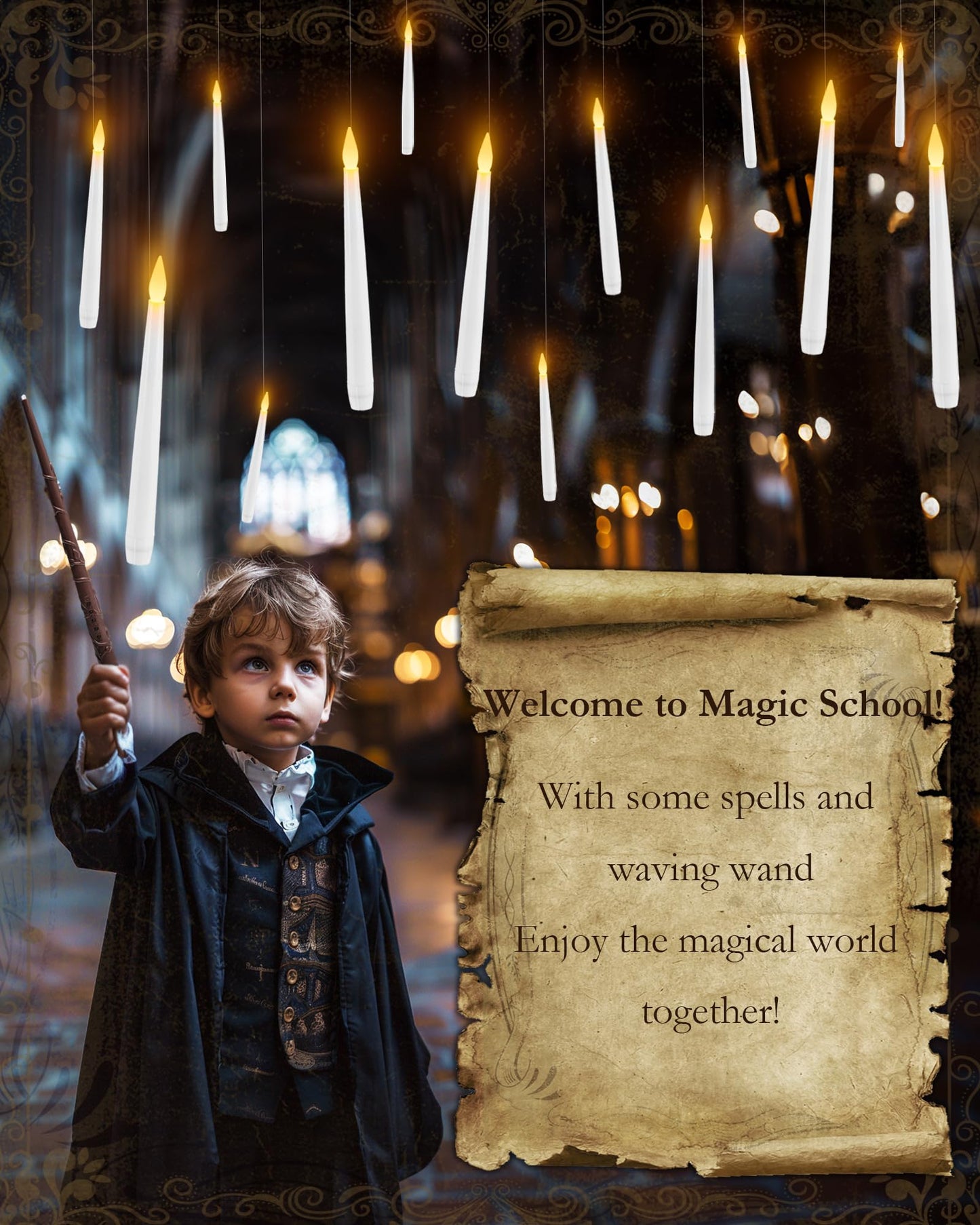 20 Pcs Floating Candles with Wand, Hanging Candles with Timer, Magic Deco Candles Flickering Warm Light, Flameless Taper Candles with Wand Remote, LED Candlesticks for Birthday Halloween Party Decor