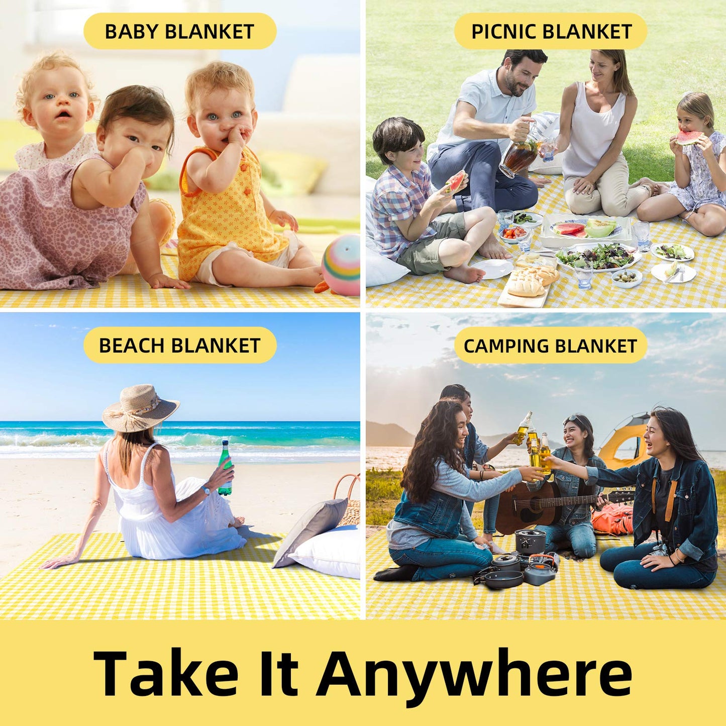 ZAZE Extra Large Picnic Blankets, 80''x80'' Washable Waterproof Foldable Oversized Compact Picnic Mat for Spring Summer Blanket Beach, Camping on Grass (Yellow and White)