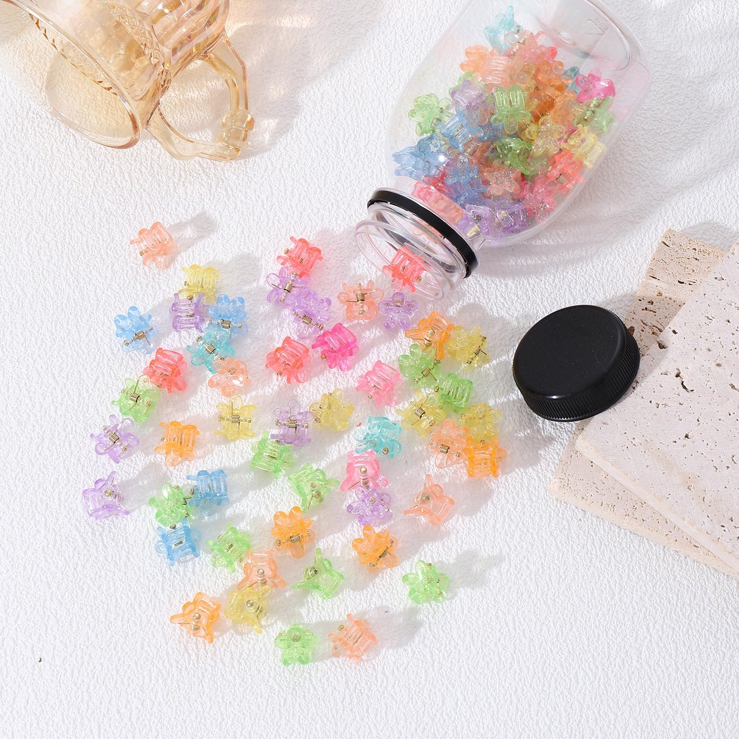 AUDTOPE Small Hair Clips for Women Girls,100PCS Cute Small Claw Clips for Thin Hair Jelly Mini Claw Clips Nonslip with Storing Bottles Hair Accessories,Flower