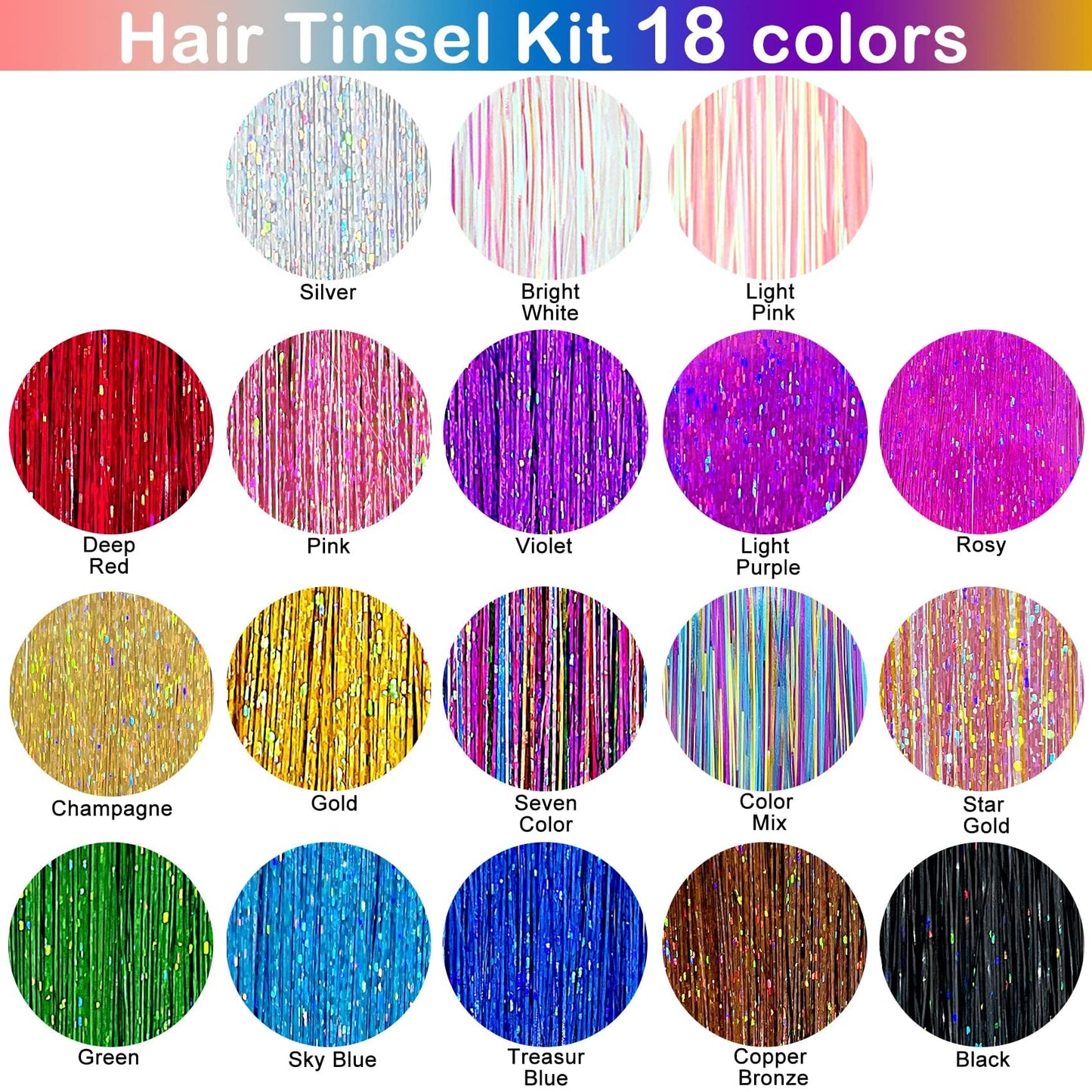 Hair Tinsel Kit (48 Inch, 18 Colors, 4320 strands), Tinsel Hair Extensions with Tools， Heat Resistant Fairy Hair Tinsel Kit for Women Girls Hair Accessories