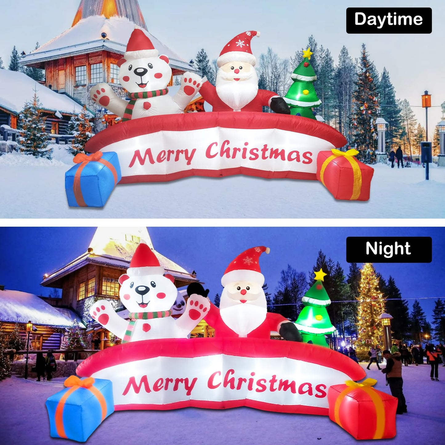 10 FT Inflatable Merry Christmas Banner Sign with Santa Claus Polar Bear Christmas Tree, Outdoor Inflatable Decoration with LED Lights Blow Up Decorations for Yard Holiday Xmas Party Garden Decor