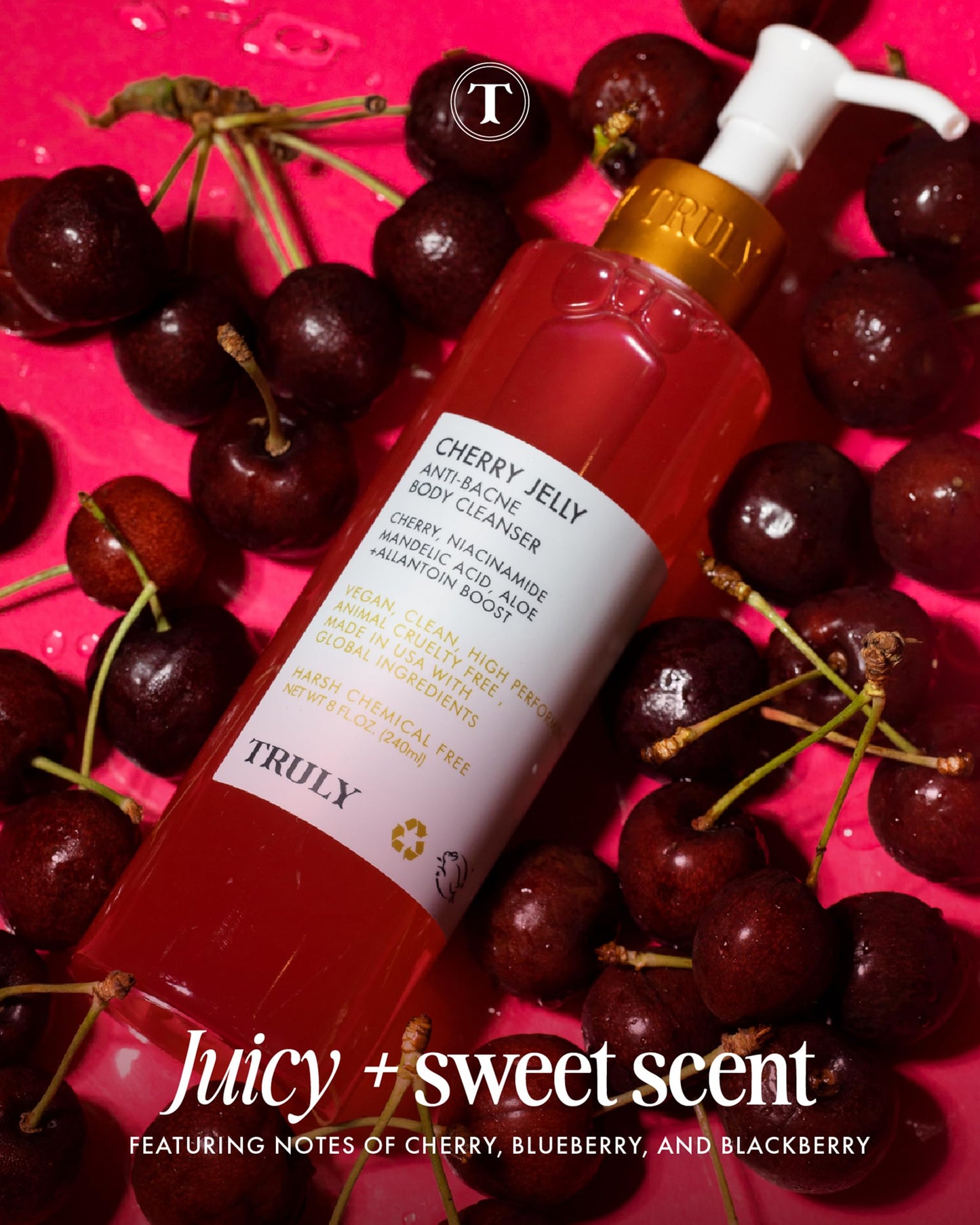 Truly Beauty Cherry Jelly Body Acne Wash with Soothing Cherry Niacinamide, Hydrating Allantoin, & Mandelic Acid - Award Winning Back Acne Treatment Body Wash Cleanser & Dark Spot Remover