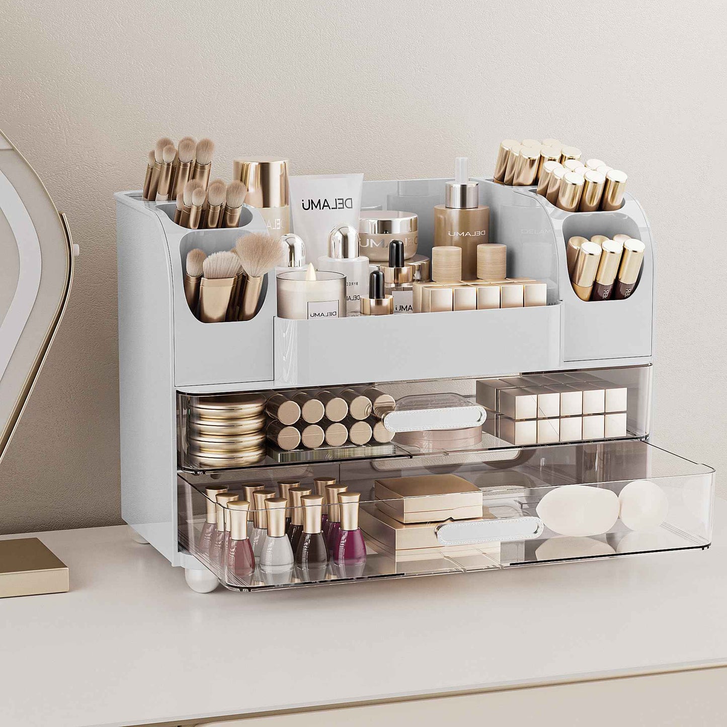 Delamu Makeup Organizer Countertop with 6 Brush Holder, Bathroom Countertop Organizer with 2 Large Drawers, Cosmetic Display Case for Vanity, Ideal Christmas Gifts for Women Girls, Light White