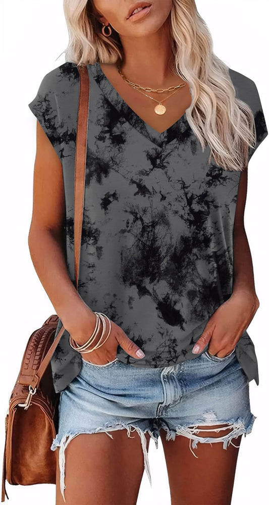 Womens Summer Tops Petite Floral Print Short Sleeve T Shirts Side Slit Shirts Print Grey Tie Dye S