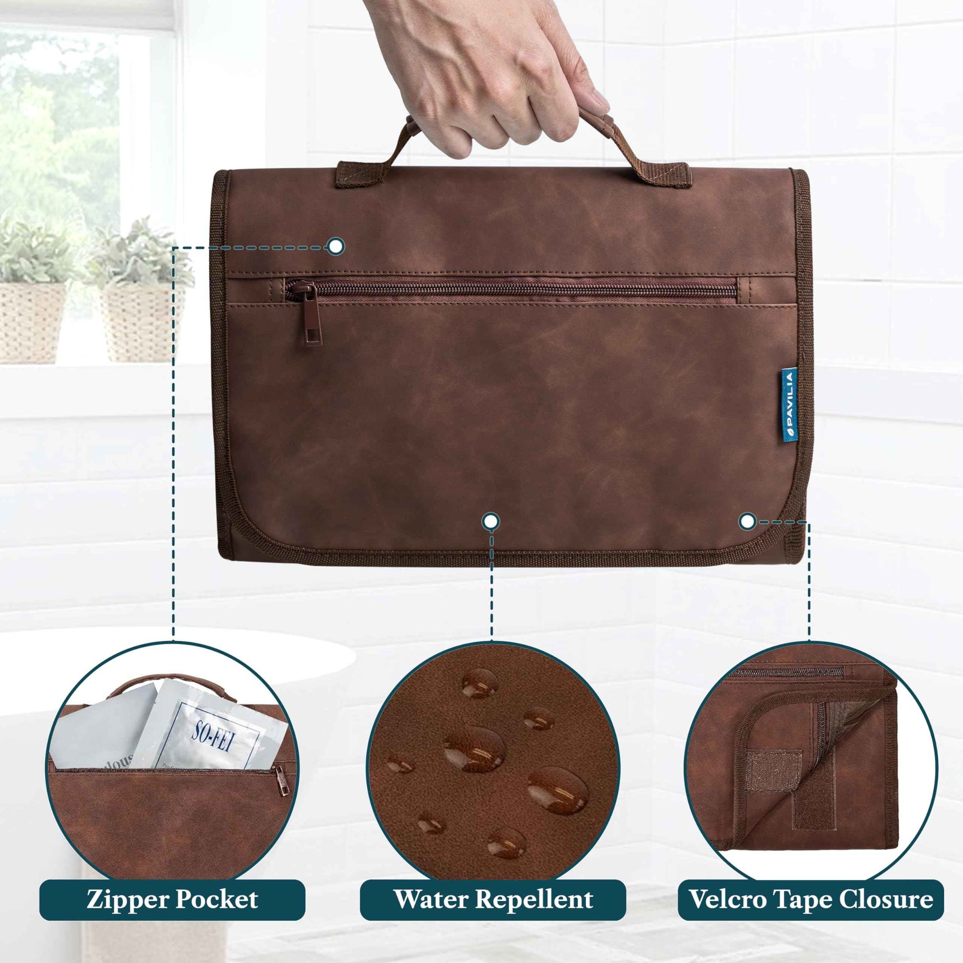 PAVILIA Hanging Toiletry Bag Men Women, Travel Kit Foldable Large Toiletries Organizer, Roll up Cosmetics Makeup Bag Accessories, Waterproof Essentials Dopp Case (Brown)