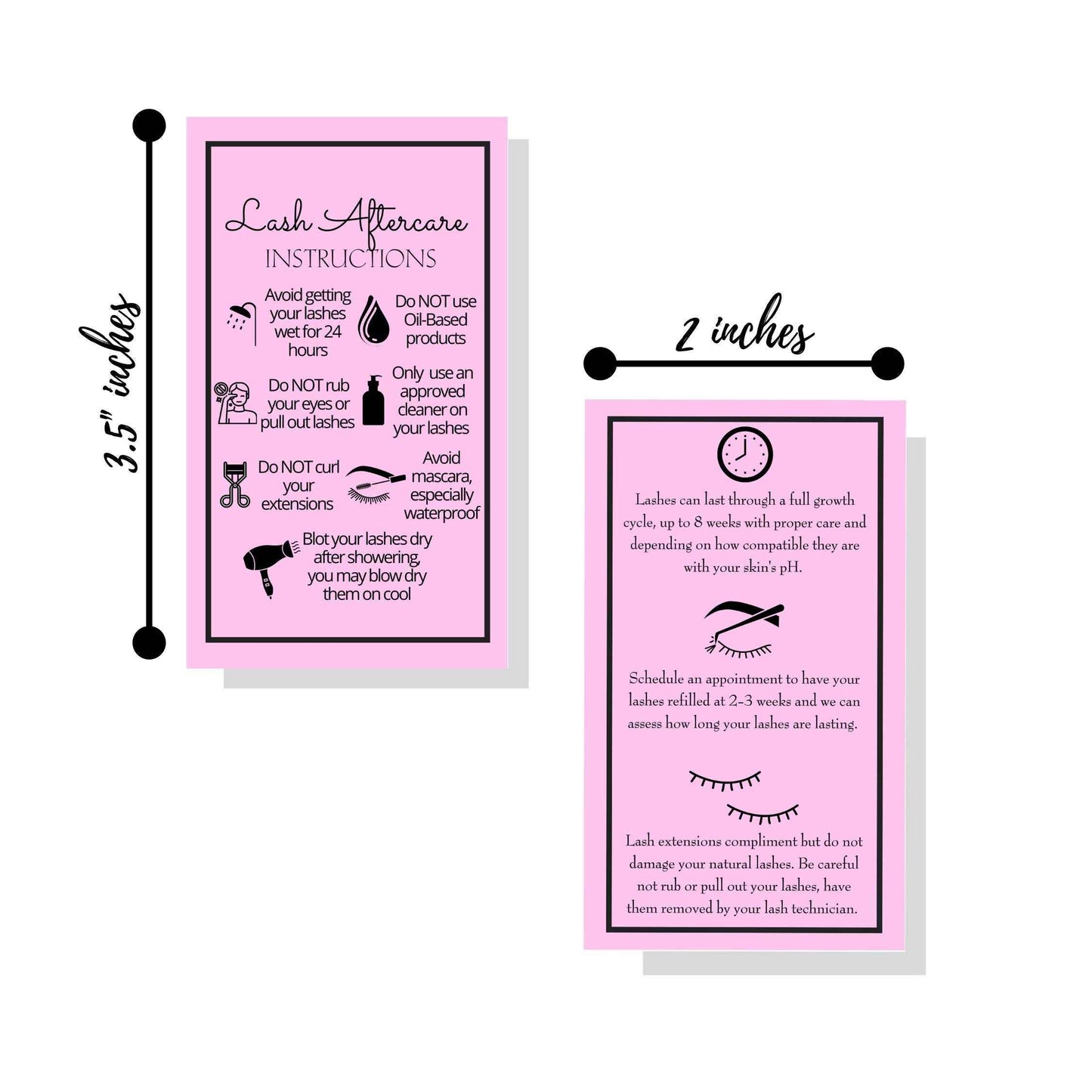 Lash Extension Aftercare Instructions Cards | Package of 250 | Double Sided Size 2x3.5" inches After Care (2-3 Week Fillers) | Bubblegum Pink with Eyelash Extension Aftercare Pictures