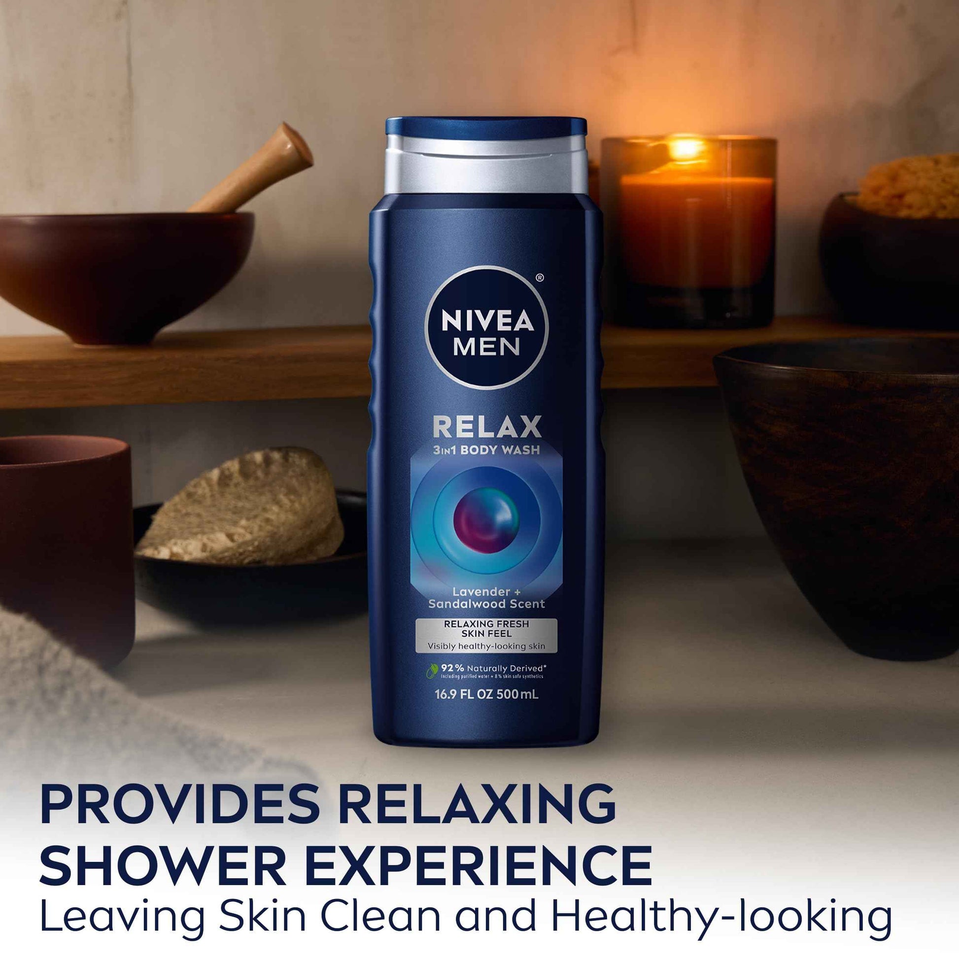 Nivea Men Relax 3-in-1 Body Wash, Lavender and Sandalwood Scented Men's Body Wash Cleanses Face, Body and Hair, 16.9 Fl Oz Bottle, Pack of 6
