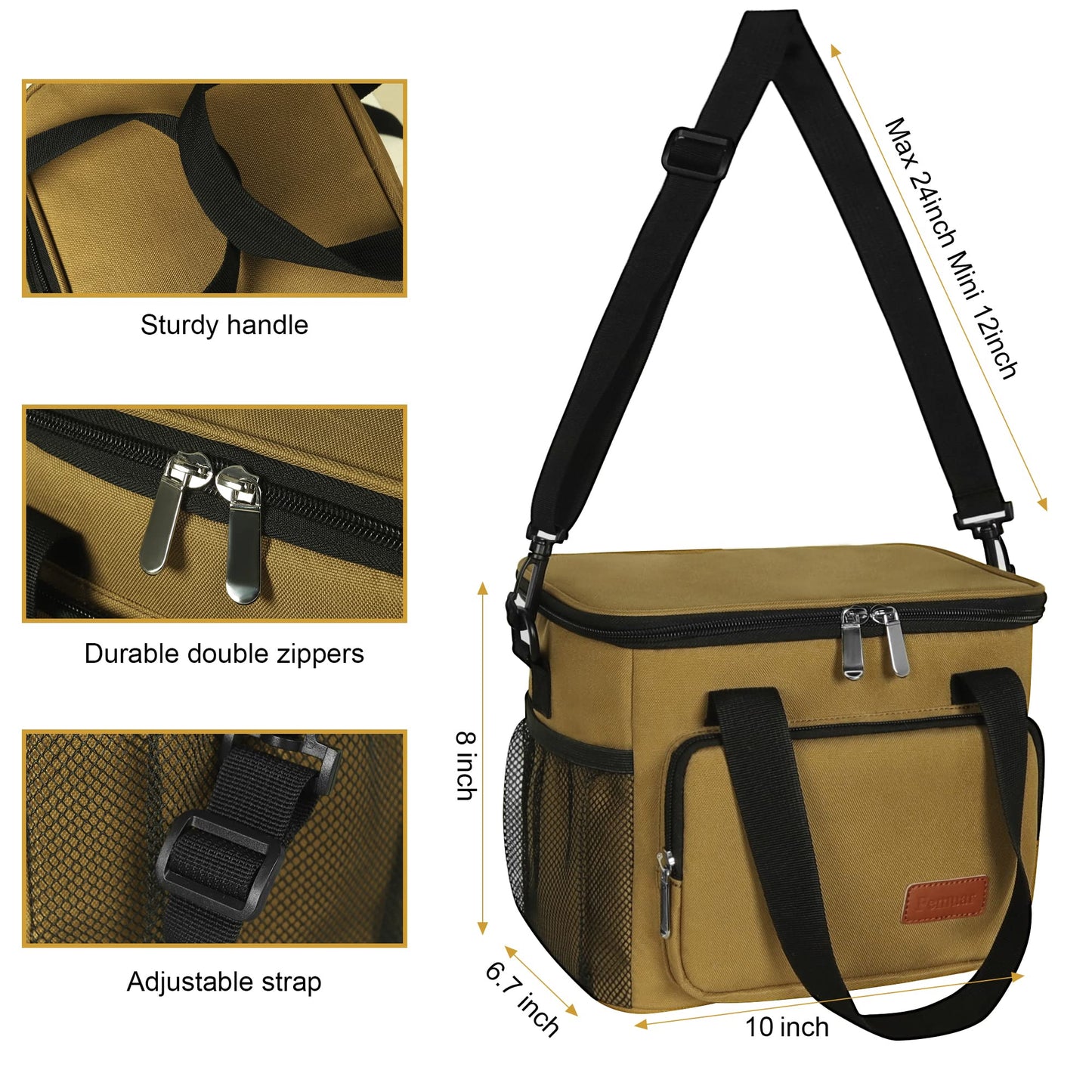 Femuar Lunch Bags for Women/Men, Insulated Lunch Bag for Work Office Picnic - Lunch Cooler Bag Leakproof Lunch Box with Adjustable Shoulder Strap - Khaki