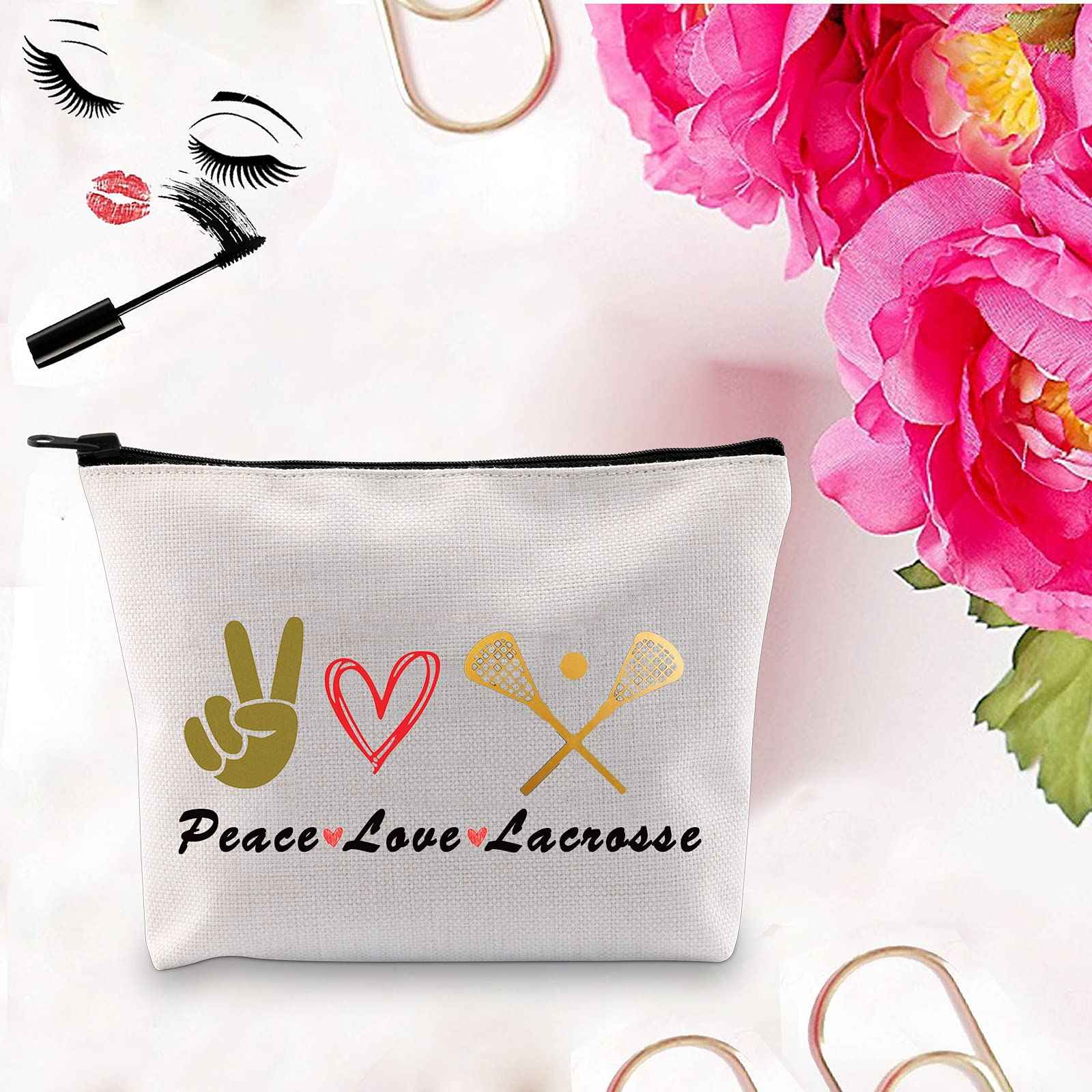 PXTIDY LAX Lacrosse Gifts Peace Love Lacrosse Makeup Bag Lacrosse Player Cosmetic Bag Gifts for Lacrosse Moms Lacrosse Fans(Beige)