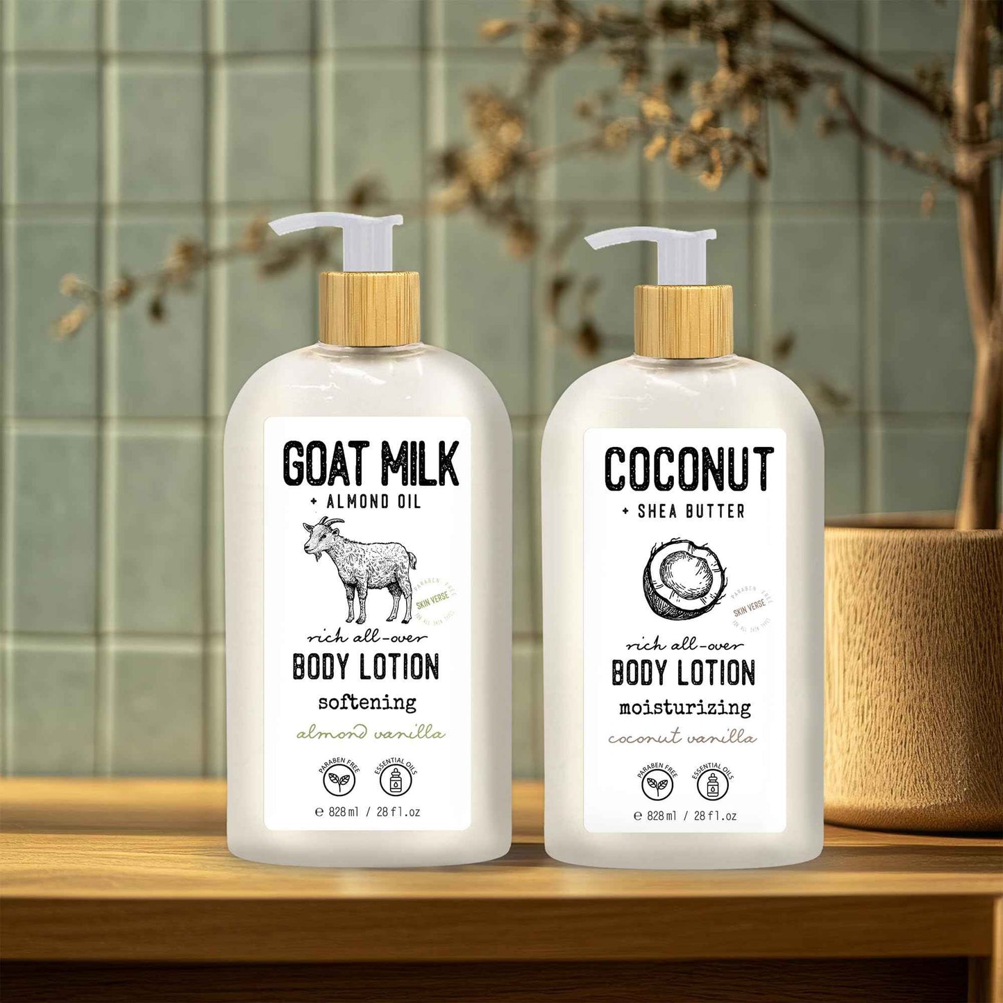 Skin Verse Body Lotion, Goat Milk, Almond Oil Body Lotion, Softening, Almond Vanilla, Coconut, Shea Butter Body Lotion, Moisturizing, Coconut Vanilla, 28 fl. oz. | Home and Body Co