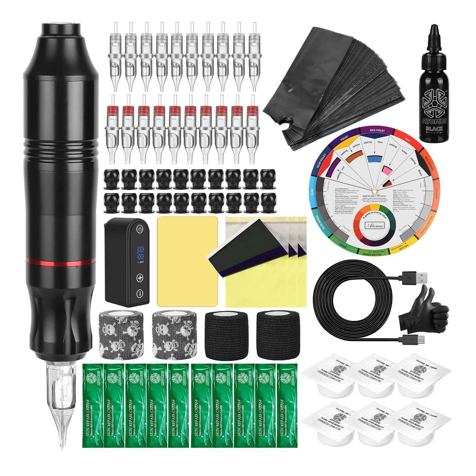 Rotary Tattoo Pen Machine Kit, ATOMUS Tattoo Kit with DC Power Supply 3RL 5RM Cartridge Needles 30ml Tattoo Ink Bandages Ink Cups Tattoo Accessories Supplies Kit for Tattoo Beginners Artists