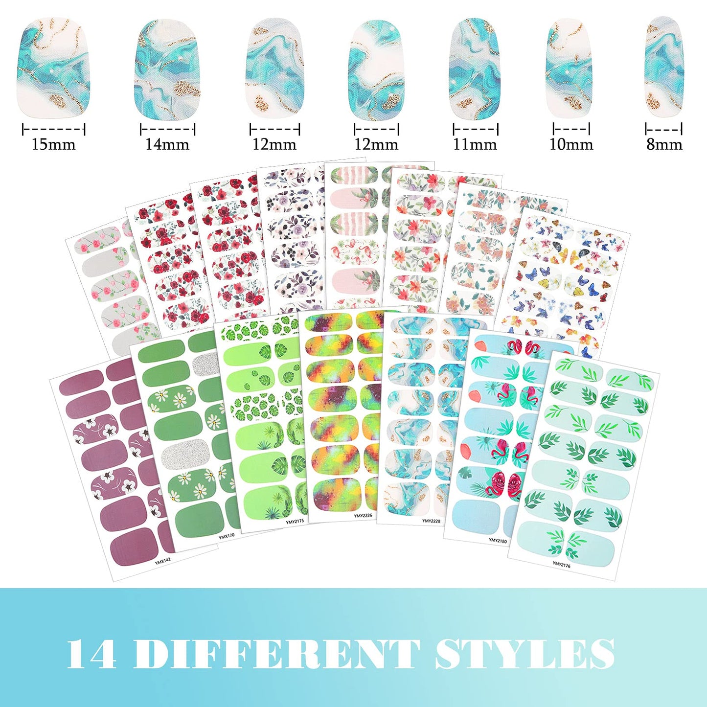 Maitys 196 Pieces 14 Sheets Full Nail Wraps Nail Polish Strips Stickers with 2 Pieces Nail Files Flower Print Self Adhesive Nail Stickers Decal for Women DIY Nail Art(Fresh Style)