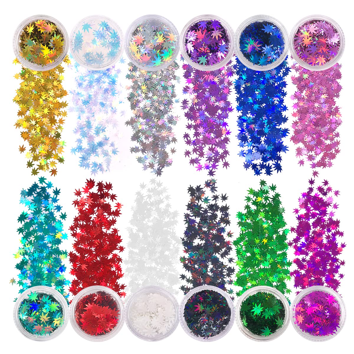 12 Pack - Metallic Rainbow Holographic Leaf Glitter - Solvent Resistant & Cosmetic Grade - Face Body Nails Resin Arts & Crafts, Tumblers, Bath Bombs, Resin - Weed Pot Marijuana Leaf