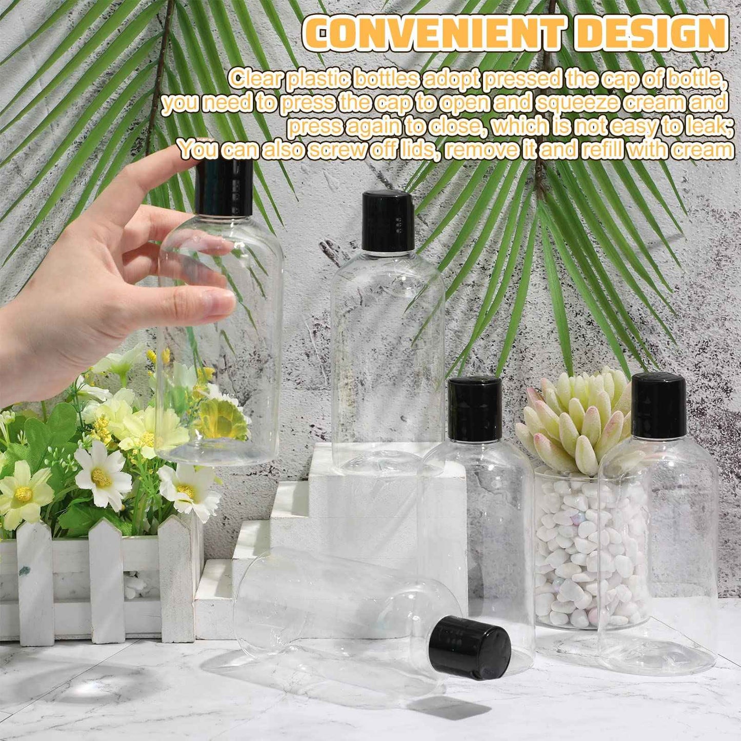 Irenare 30 Pieces 8 oz Travel Bottles with Black Disc Cap Refillable Clear Plastic Squeeze Empty Bottles Shampoo Travel Container for Body Wash Cream Lotion Conditioner Liquid Body Soap